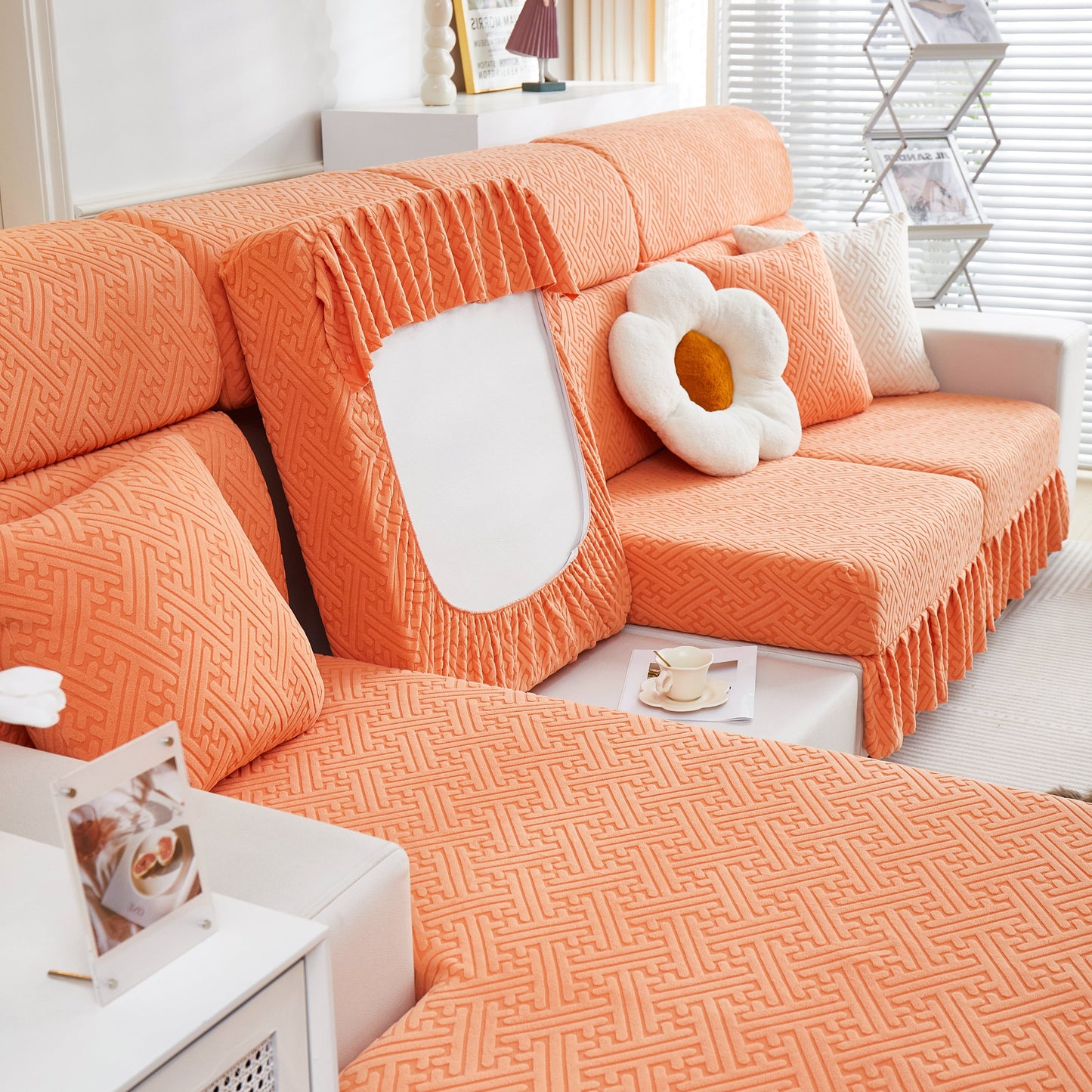 Stretch Sofa Covers with Skirt for Couch Seat and Cushion, Chaise, Sectional, 1/2/3/4 Seater Sofas in a living room setting