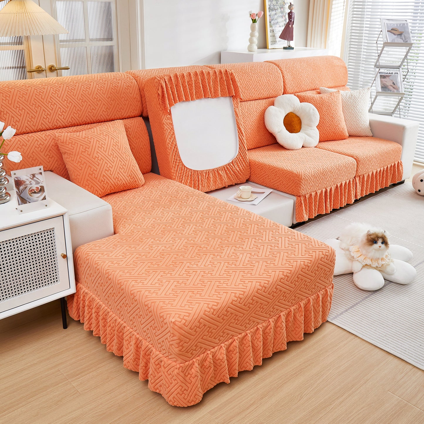 Stretch Sofa Covers with Skirt for Couch Seat and Cushion, Chaise, Sectional, 1/2/3/4 Seater Sofas in orange living room setting
