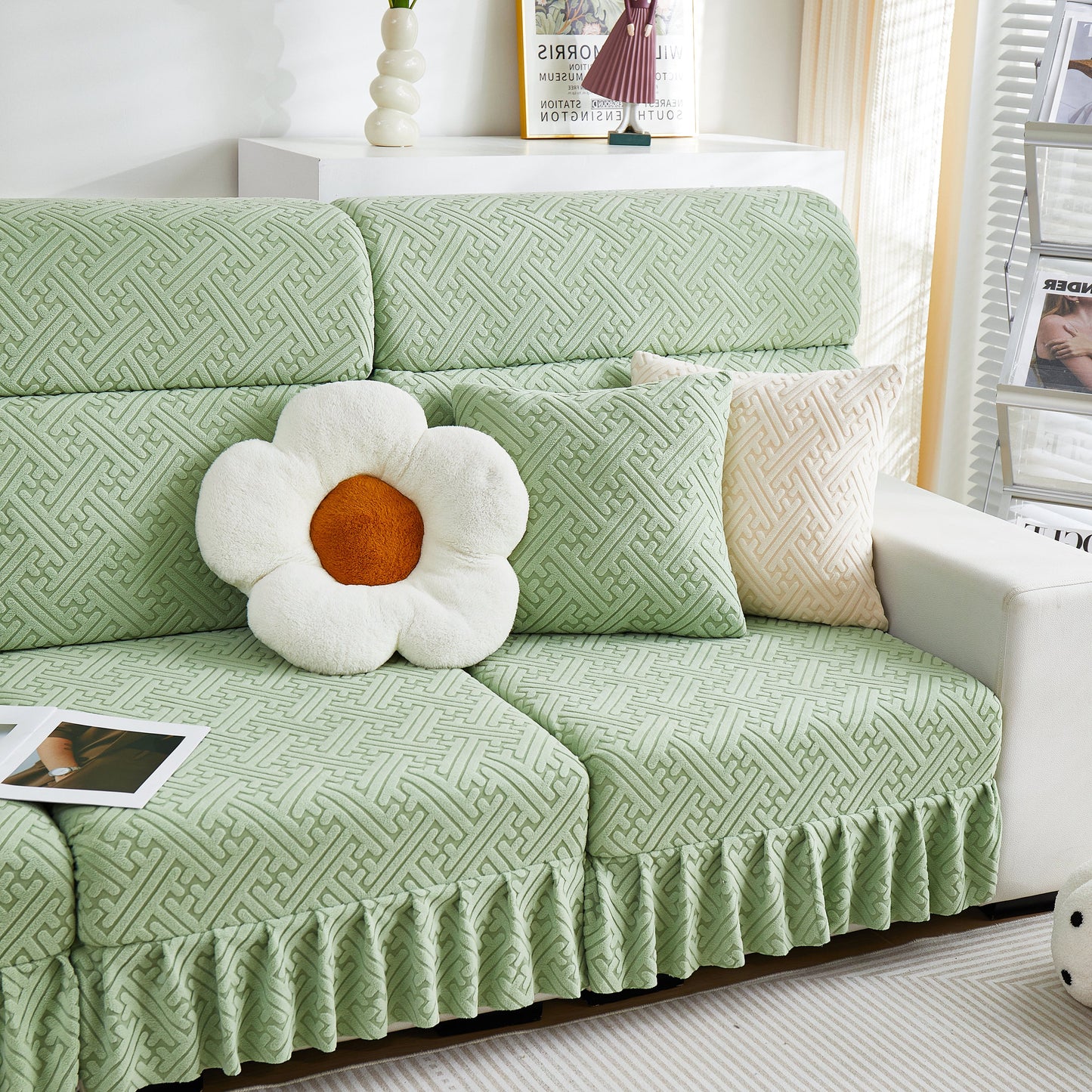 Stretch Sofa Covers with Skirt for Couch Seat and Cushion, Chaise, Sectional, 1/2/3/4 Seater Sofas in green pattern