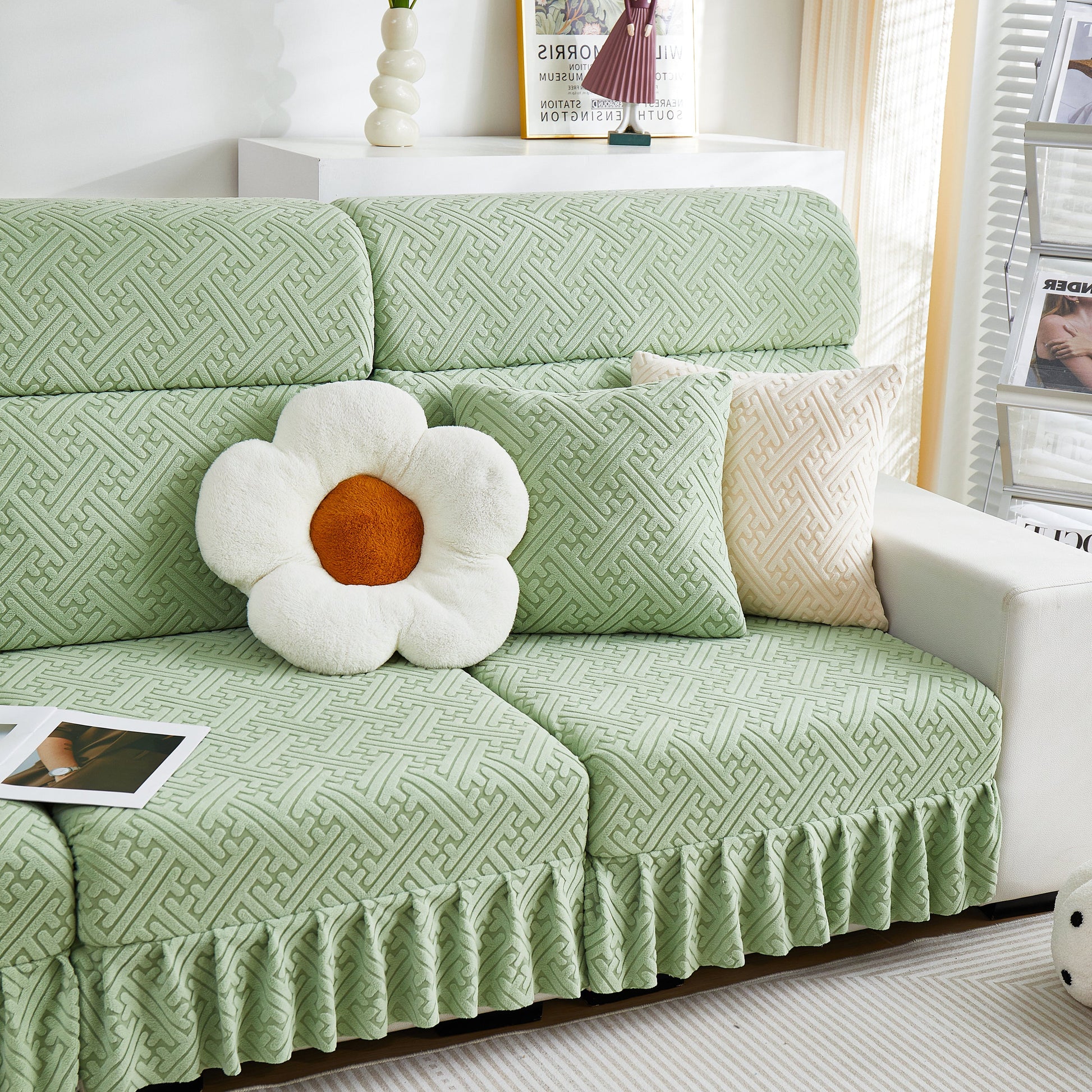 Stretch Sofa Covers with Skirt for Couch Seat and Cushion, Chaise, Sectional, 1/2/3/4 Seater Sofas in green pattern
