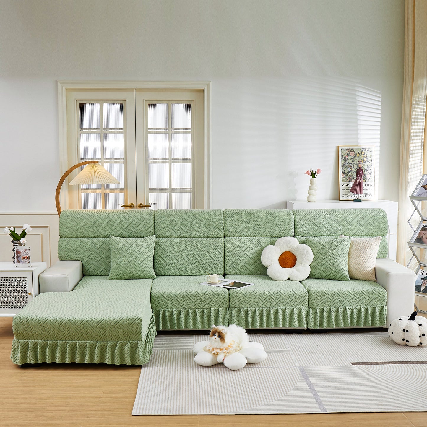 Green Stretch Sofa Covers with Skirt for Couch Seat and Cushion, Chaise, Sectional, 1/2/3/4 Seater Sofas in stylish living room.