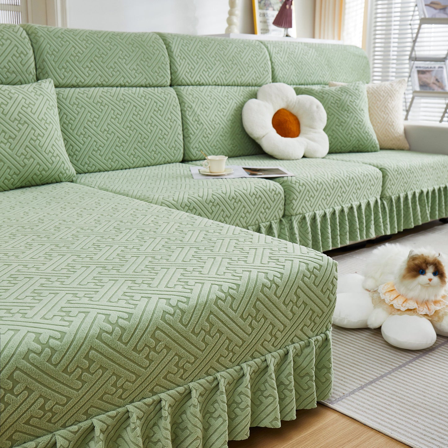 Stretch Sofa Covers with Skirt for Couch Seat and Cushion, Chaise, Sectional, 1/2/3/4 Seater Sofas in a stylish living room.