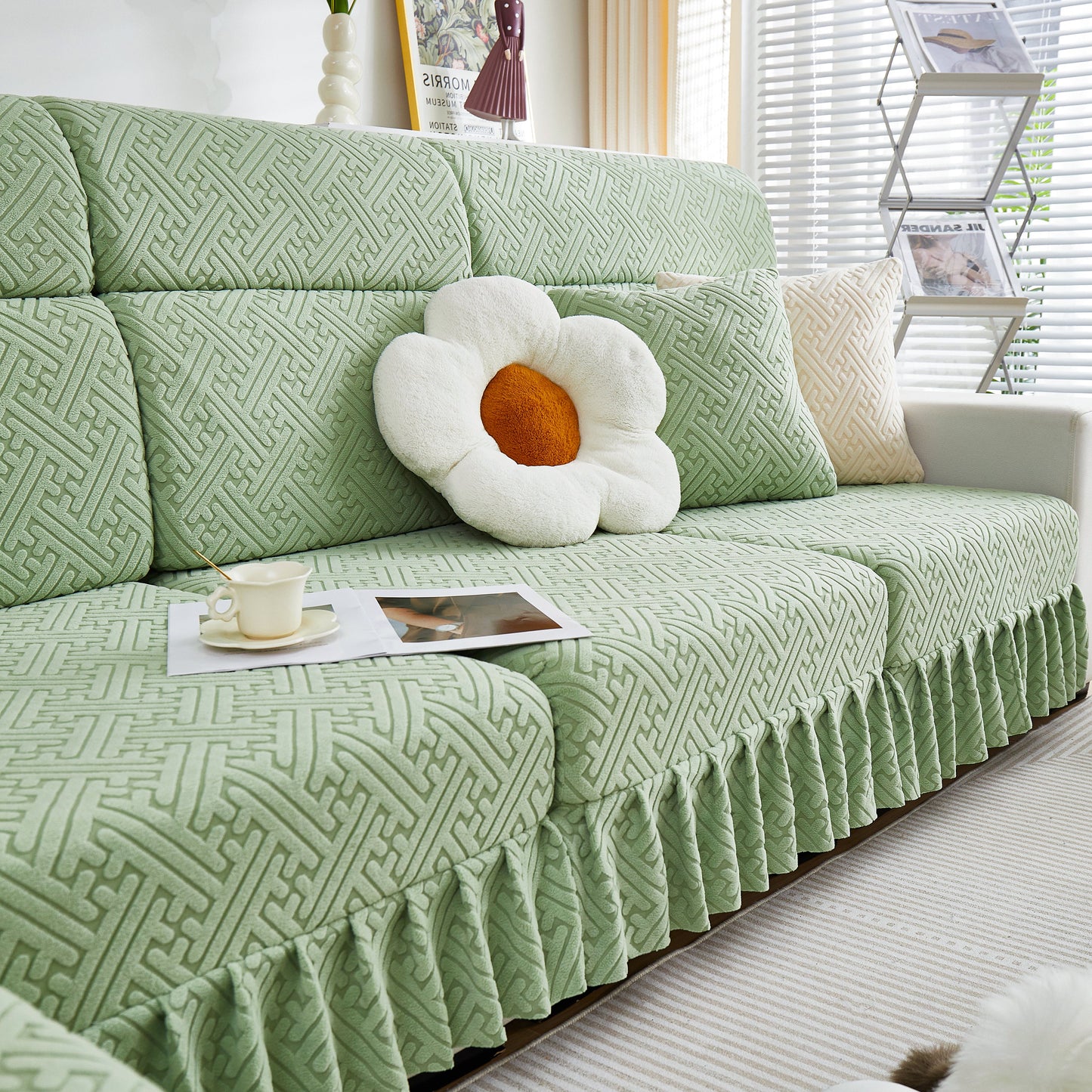 Stretch Sofa Covers with Skirt for Couch Seat and Cushion, Chaise, Sectional, 1/2/3/4 Seater Sofas in green with flower pillow