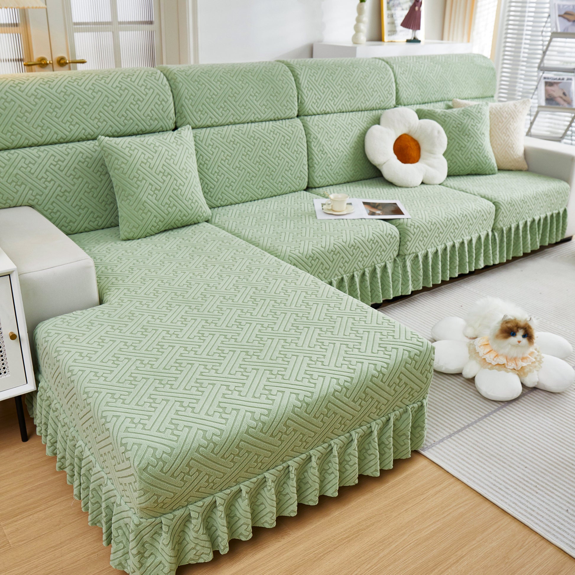 Stretch Sofa Covers with Skirt for Couch Seat and Cushion, Chaise, Sectional, 1/2/3/4 Seater Sofas in elegant living room setup