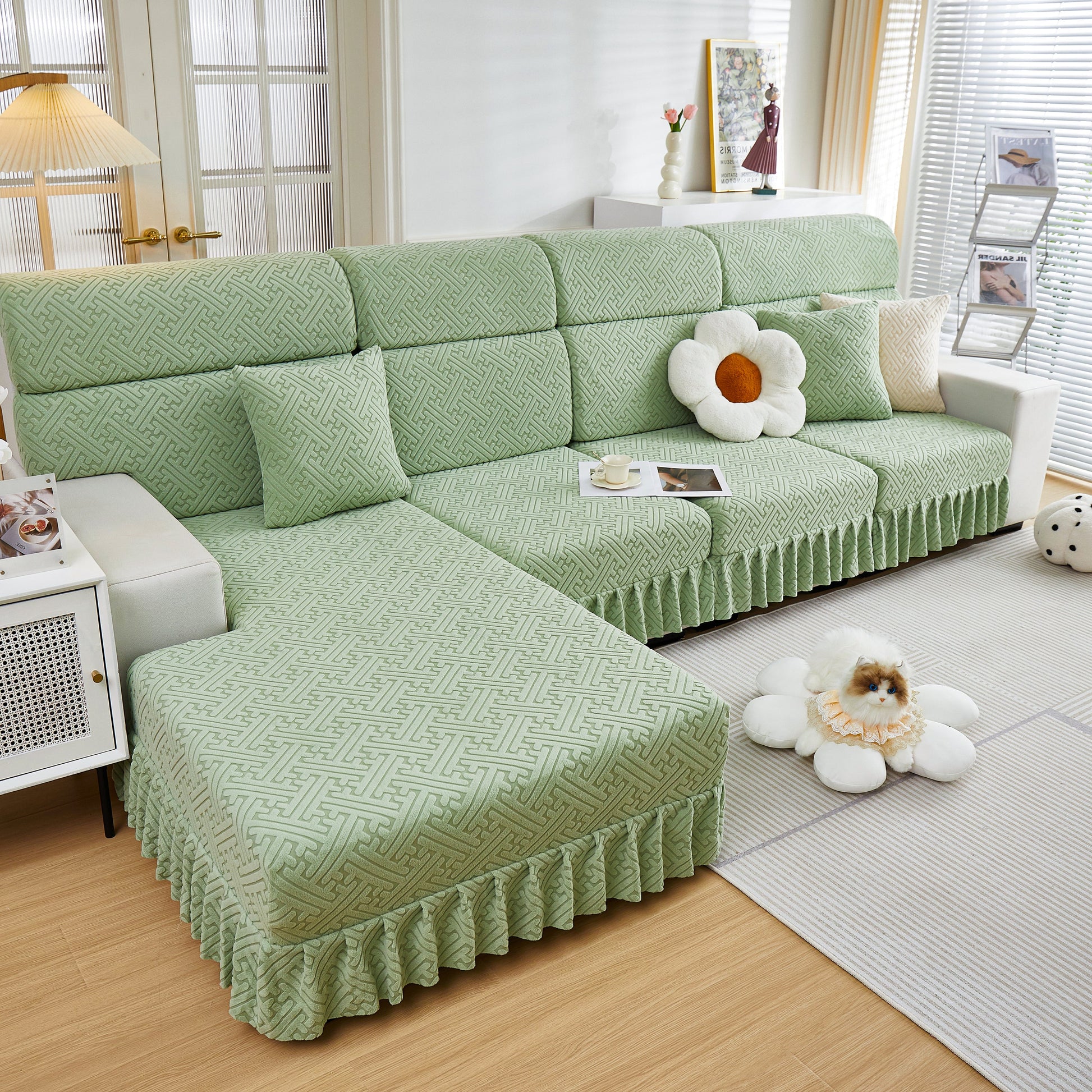 Stretch Sofa Covers with Skirt for Couch Seat and Cushion, Chaise, Sectional, 1/2/3/4 Seater Sofas in a cozy living room setup.