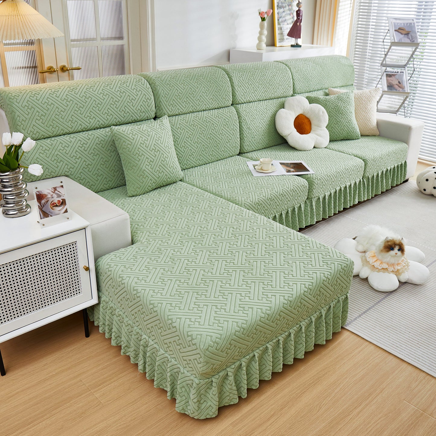 Stretch Sofa Covers with Skirt for Couch Seat and Cushion, Chaise, Sectional, 1/2/3/4 Seater Sofas in living room setting