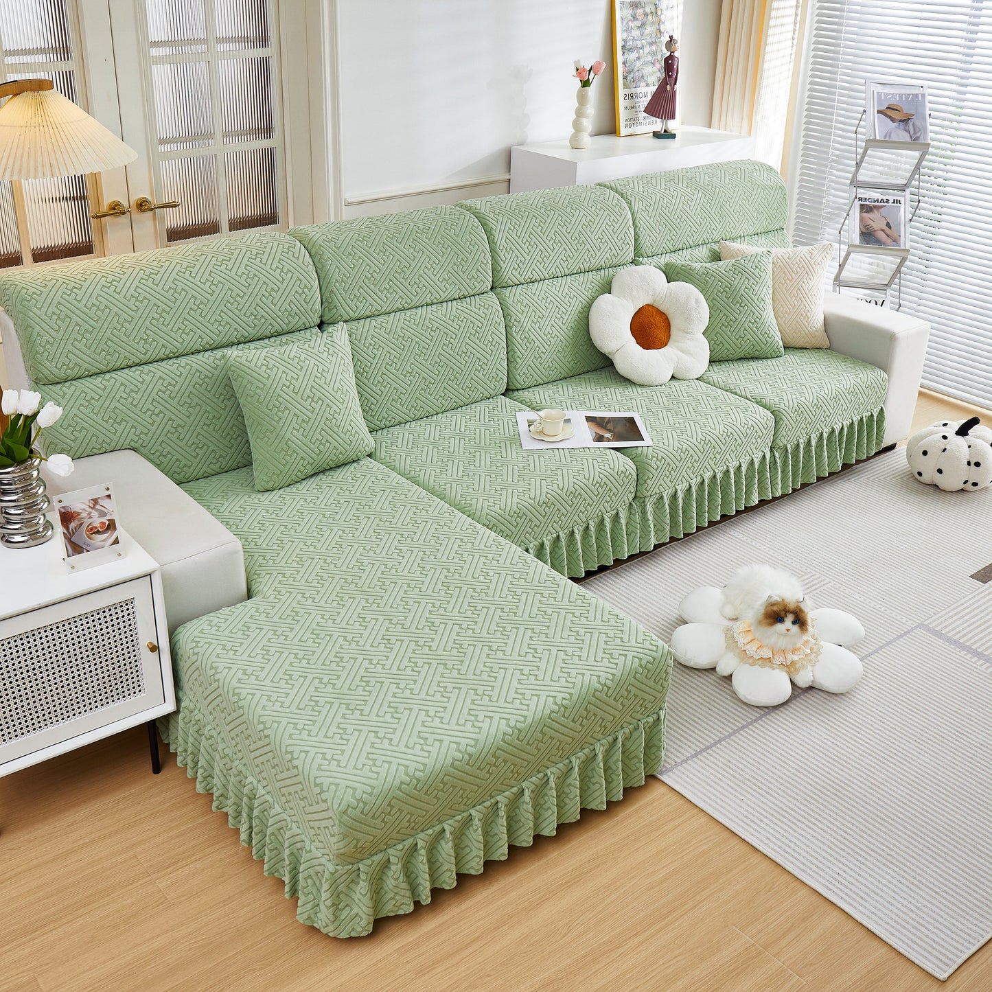 Stretch Sofa Covers with Skirt for Couch Seat and Cushion, Chaise, Sectional, 1/2/3/4 Seater Sofas displayed in living room