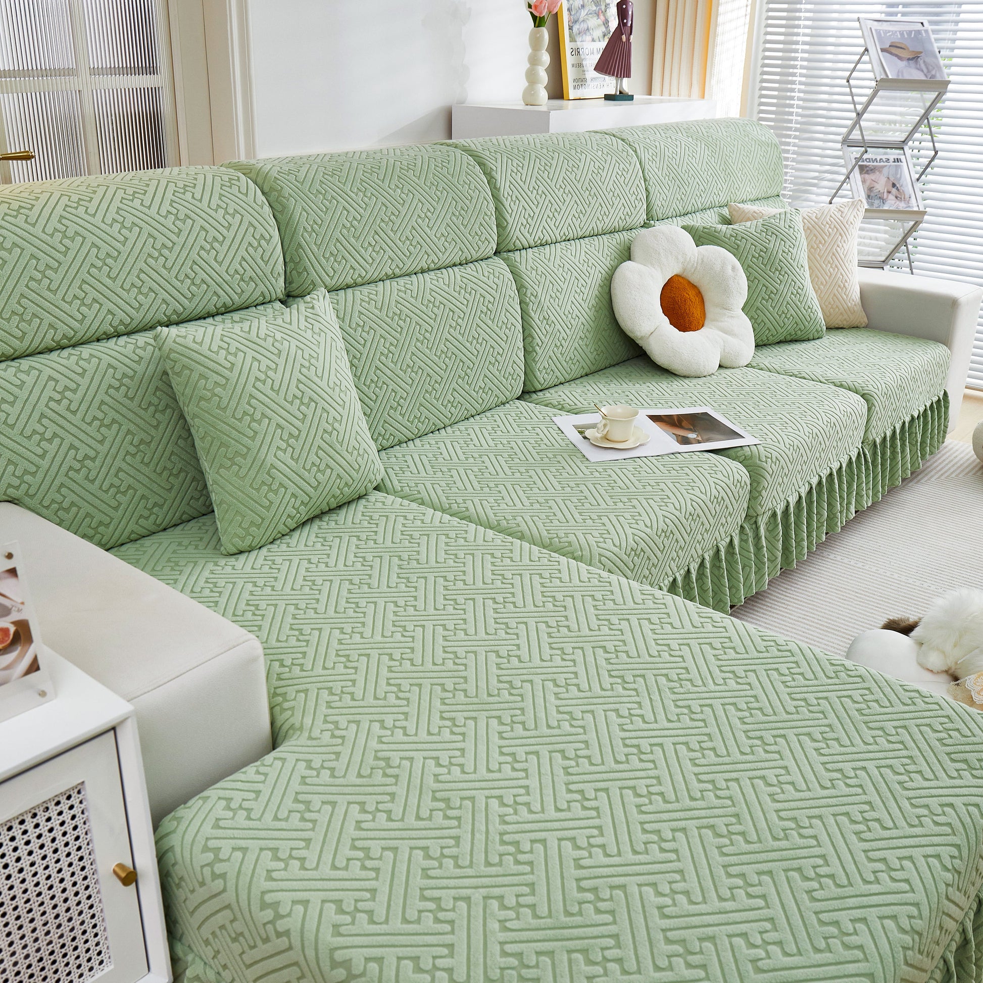 Stretch Sofa Covers with Skirt for Couch Seat and Cushion, Chaise, Sectional, 1/2/3/4 Seater Sofas in living room setup