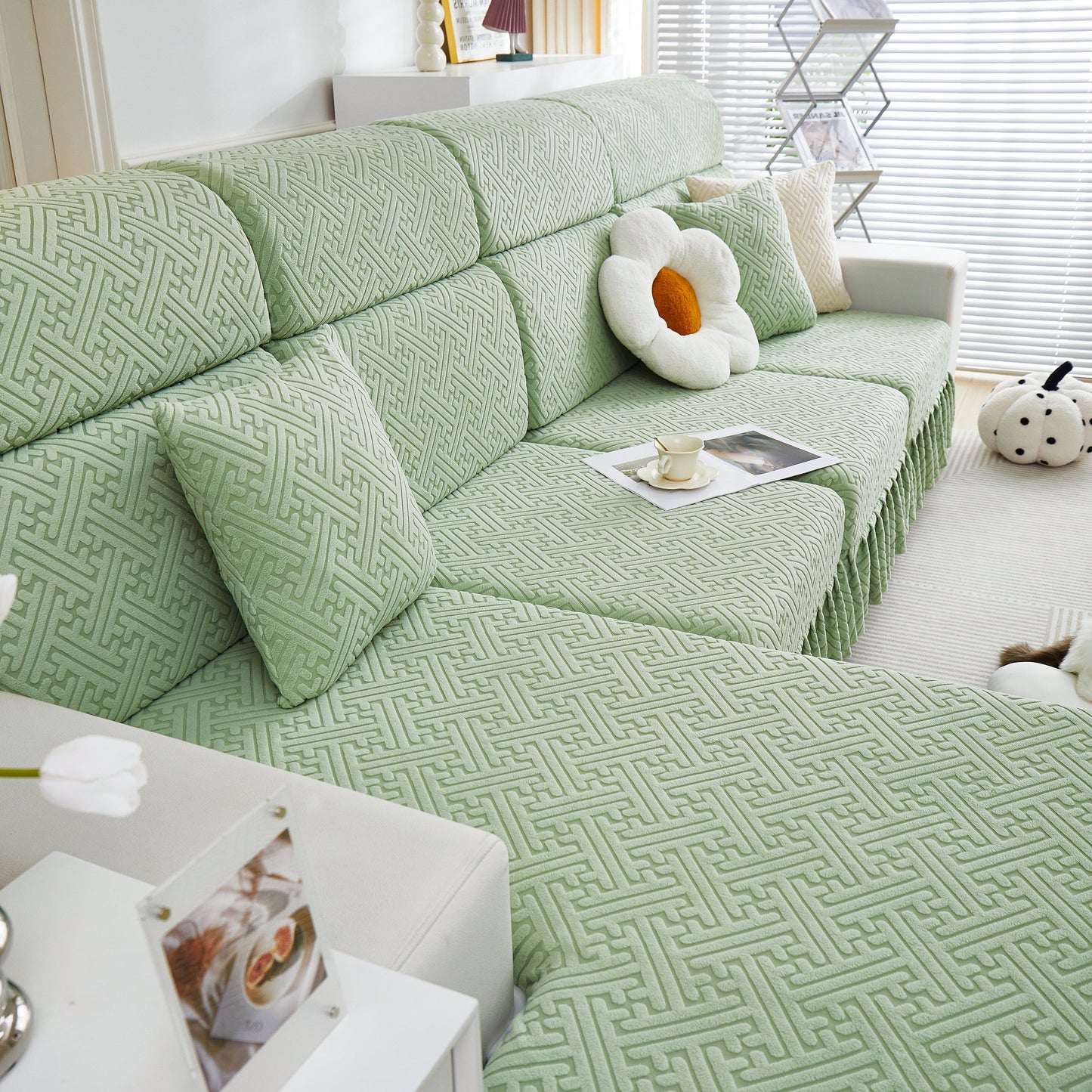 Stretch Sofa Covers with Skirt for Couch Seat and Cushion, Chaise, Sectional, 1/2/3/4 Seater Sofas in stylish living room