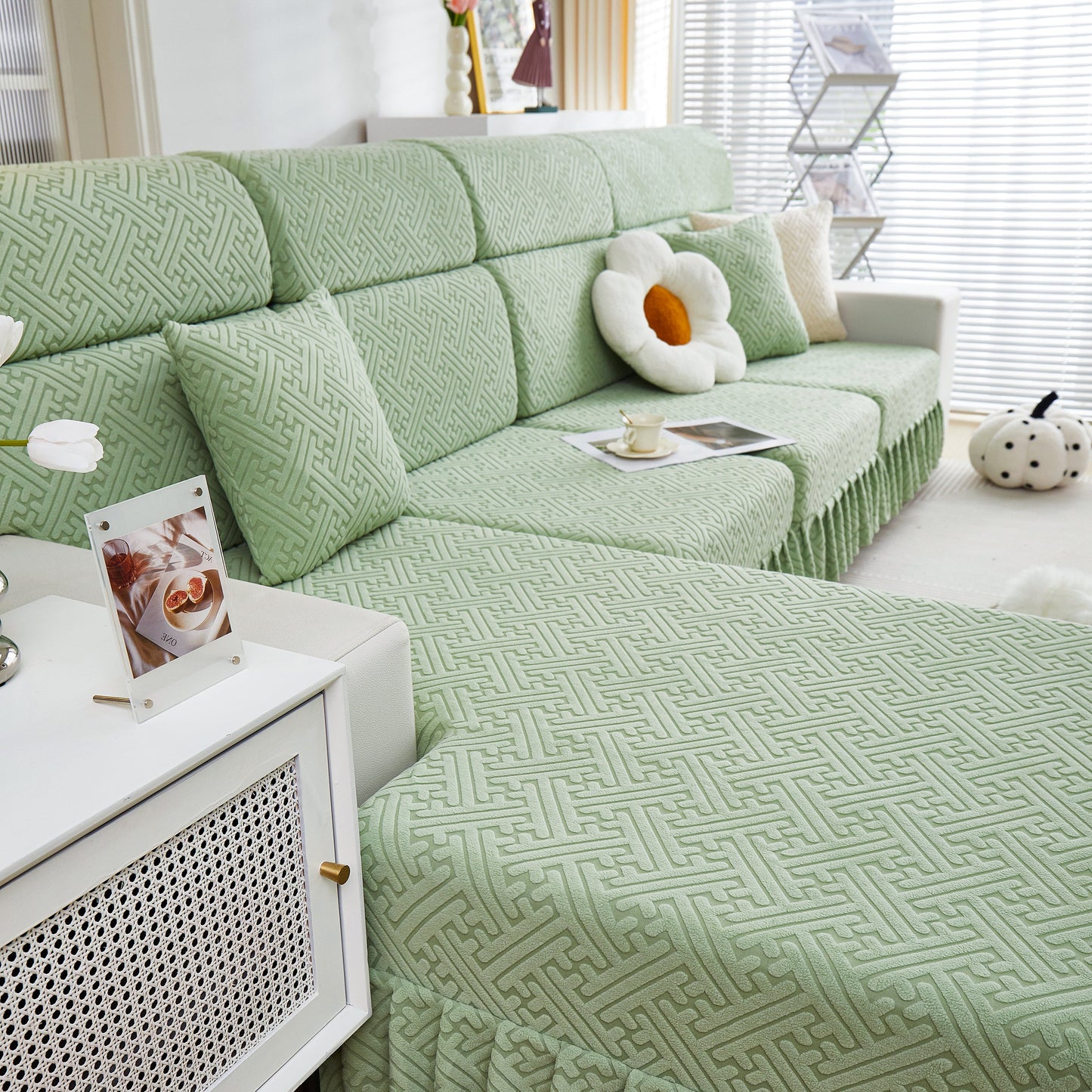 Stretch Sofa Covers with Skirt for Couch Seat and Cushion, Chaise, Sectional, 1/2/3/4 Seater Sofas in elegant living room setup