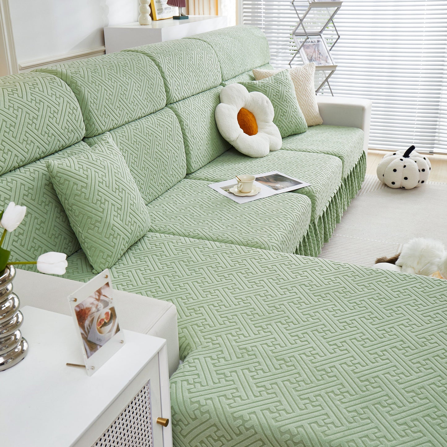 Living room with Stretch Sofa Covers with Skirt for Couch Seat and Cushion, Chaise, Sectional, 1/2/3/4 Seater Sofas in elegant design