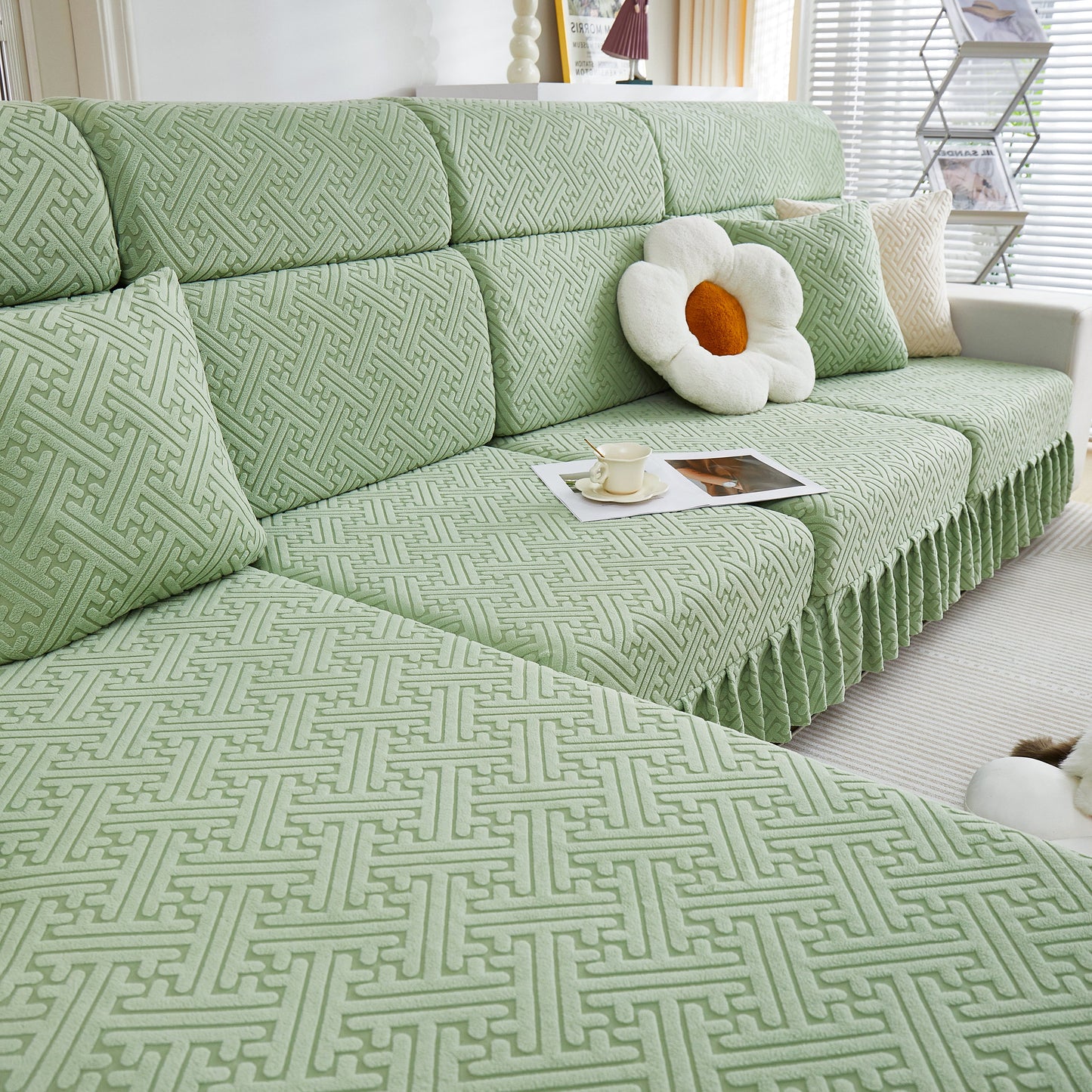 Stretch Sofa Covers with Skirt for Couch Seat and Cushion, Chaise, Sectional, 1/2/3/4 Seater Sofas in living room setting