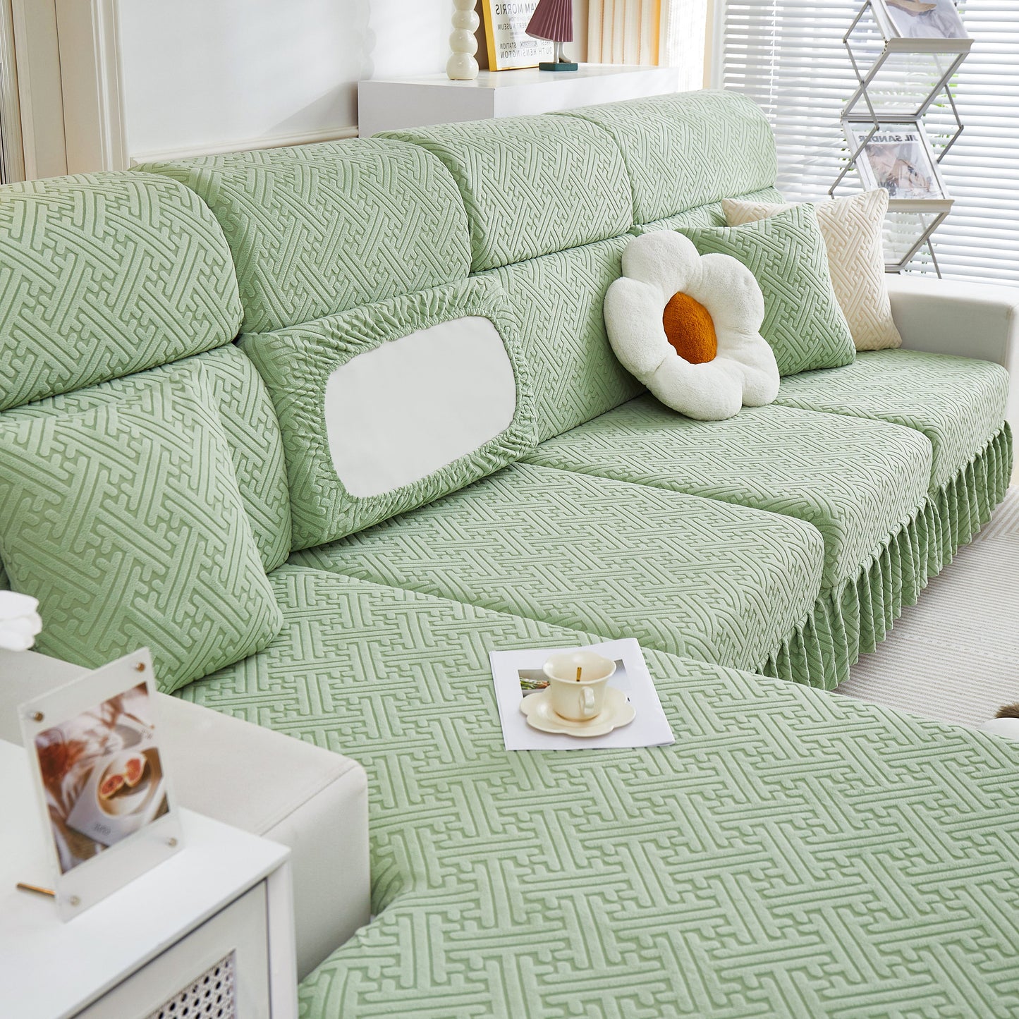 Stretch Sofa Covers with Skirt for Couch Seat and Cushion, Chaise, Sectional, 1/2/3/4 Seater Sofas in a living room setup