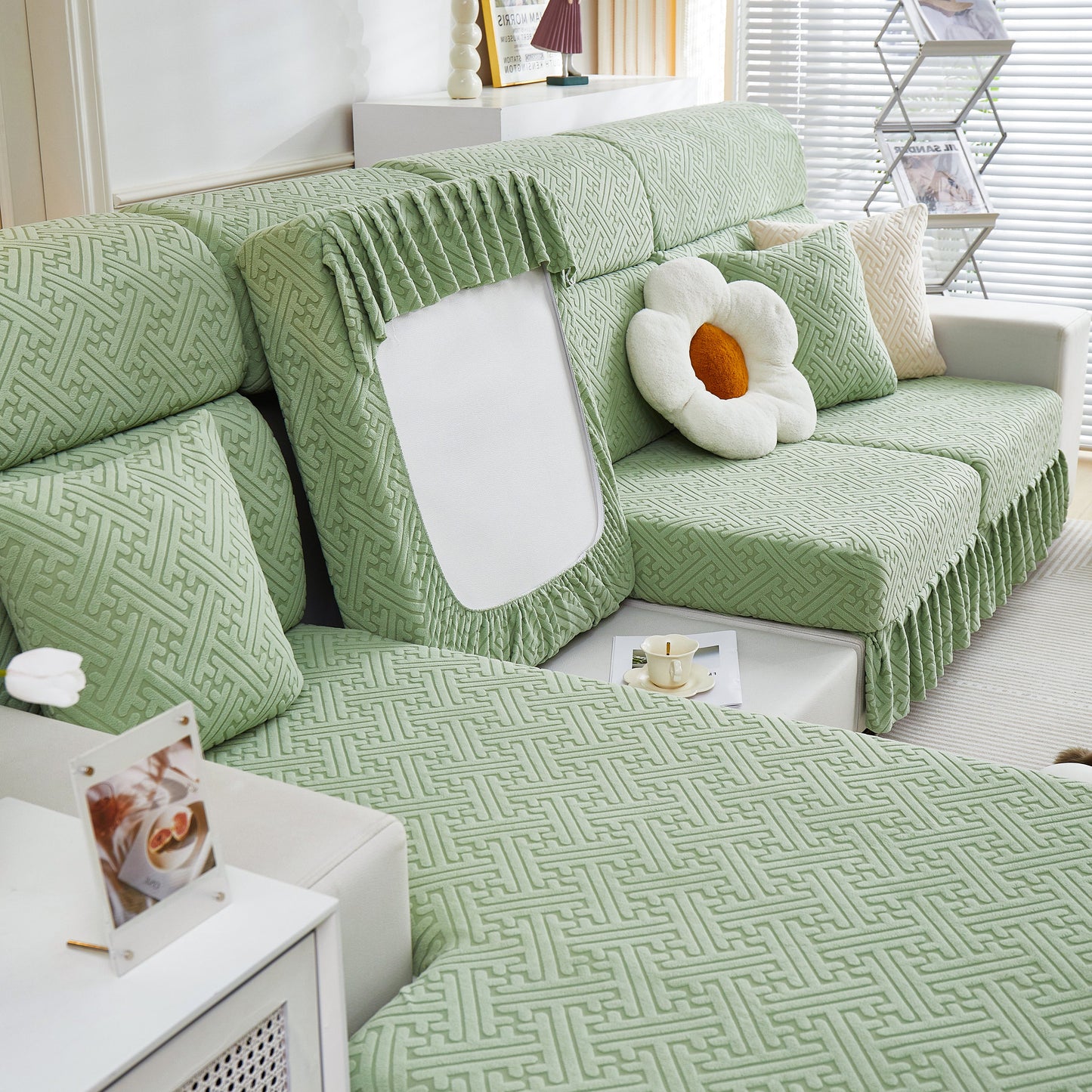 Stretch Sofa Covers with Skirt for Couch Seat and Cushion, Chaise, Sectional, 1/2/3/4 Seater Sofas in a cozy living room setting.