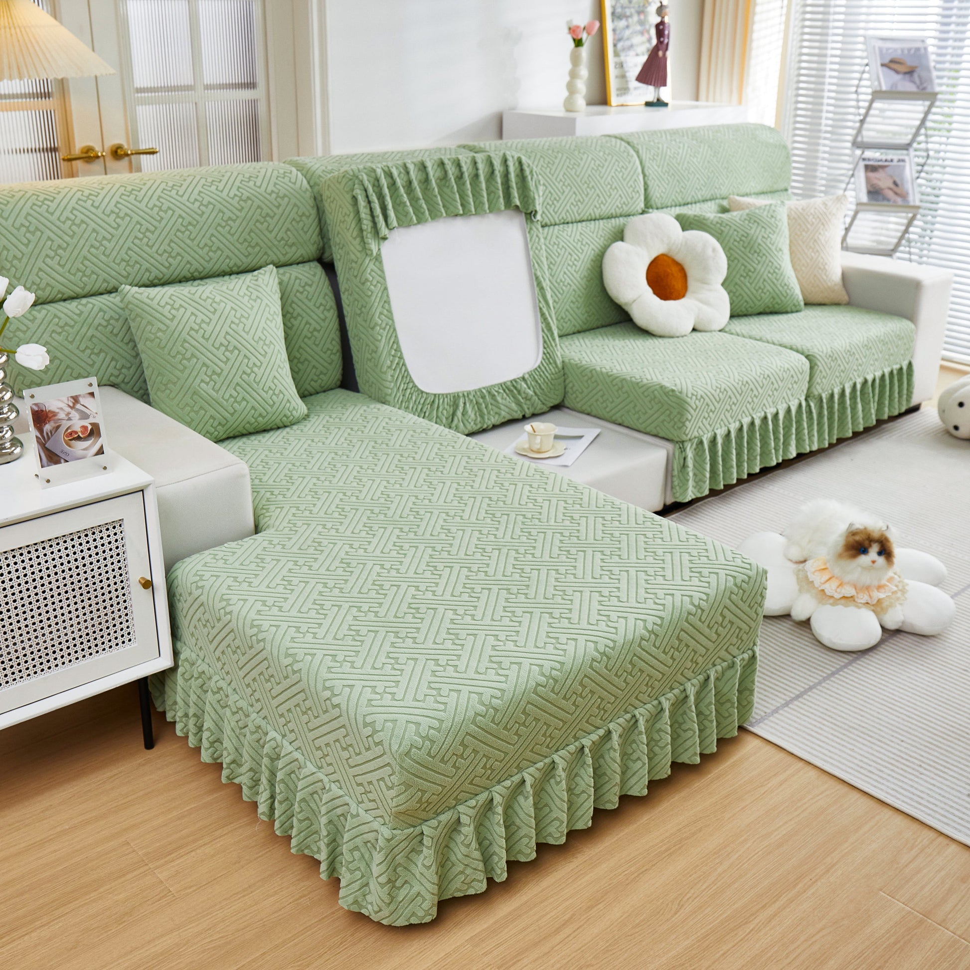 Stretch Sofa Covers with Skirt for Couch Seat and Cushion, Chaise, Sectional, 1/2/3/4 Seater Sofas in green pattern