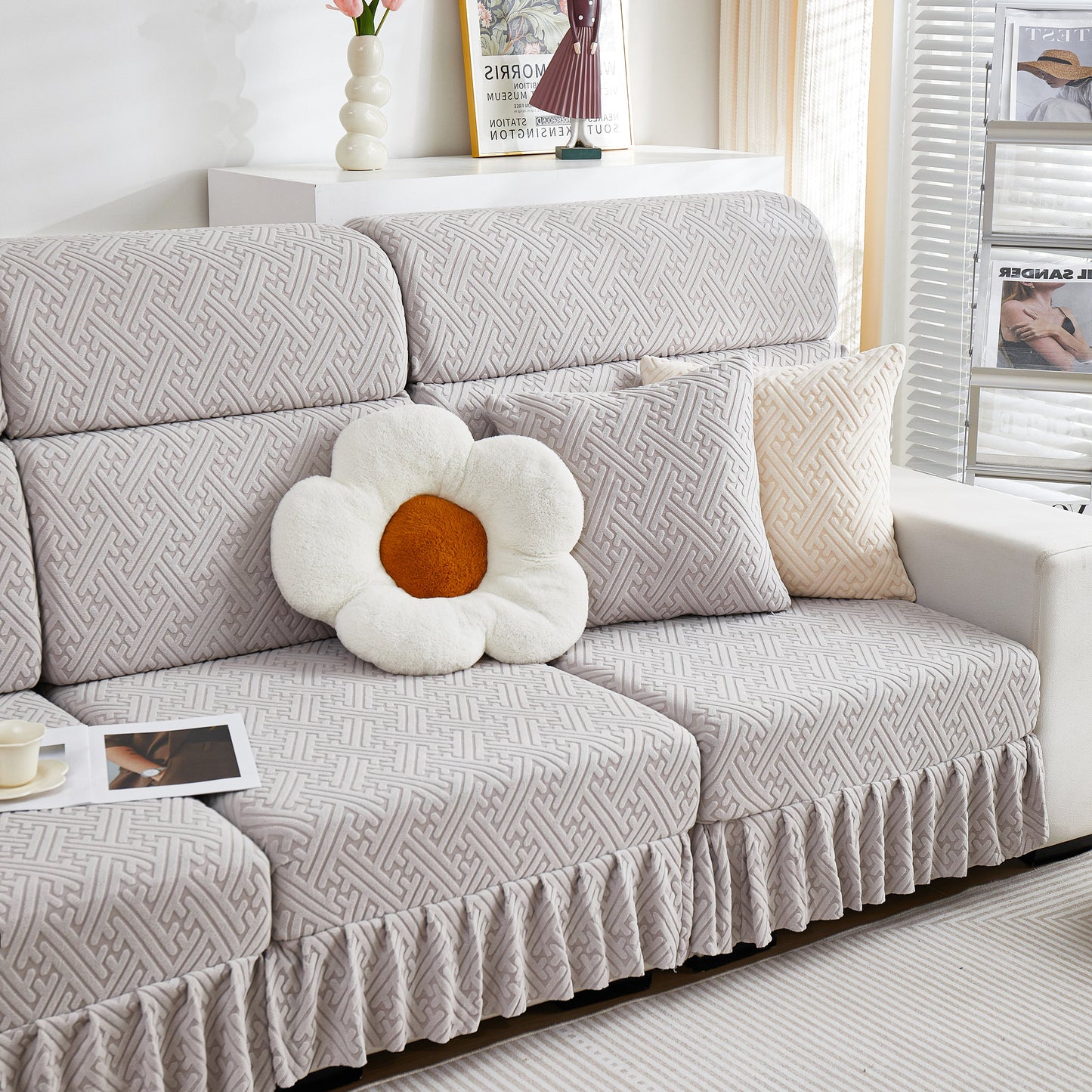 Stretch Sofa Covers with Skirt for Couch Seat and Cushion, Chaise, Sectional, 1/2/3/4 Seater Sofas in living room setting.