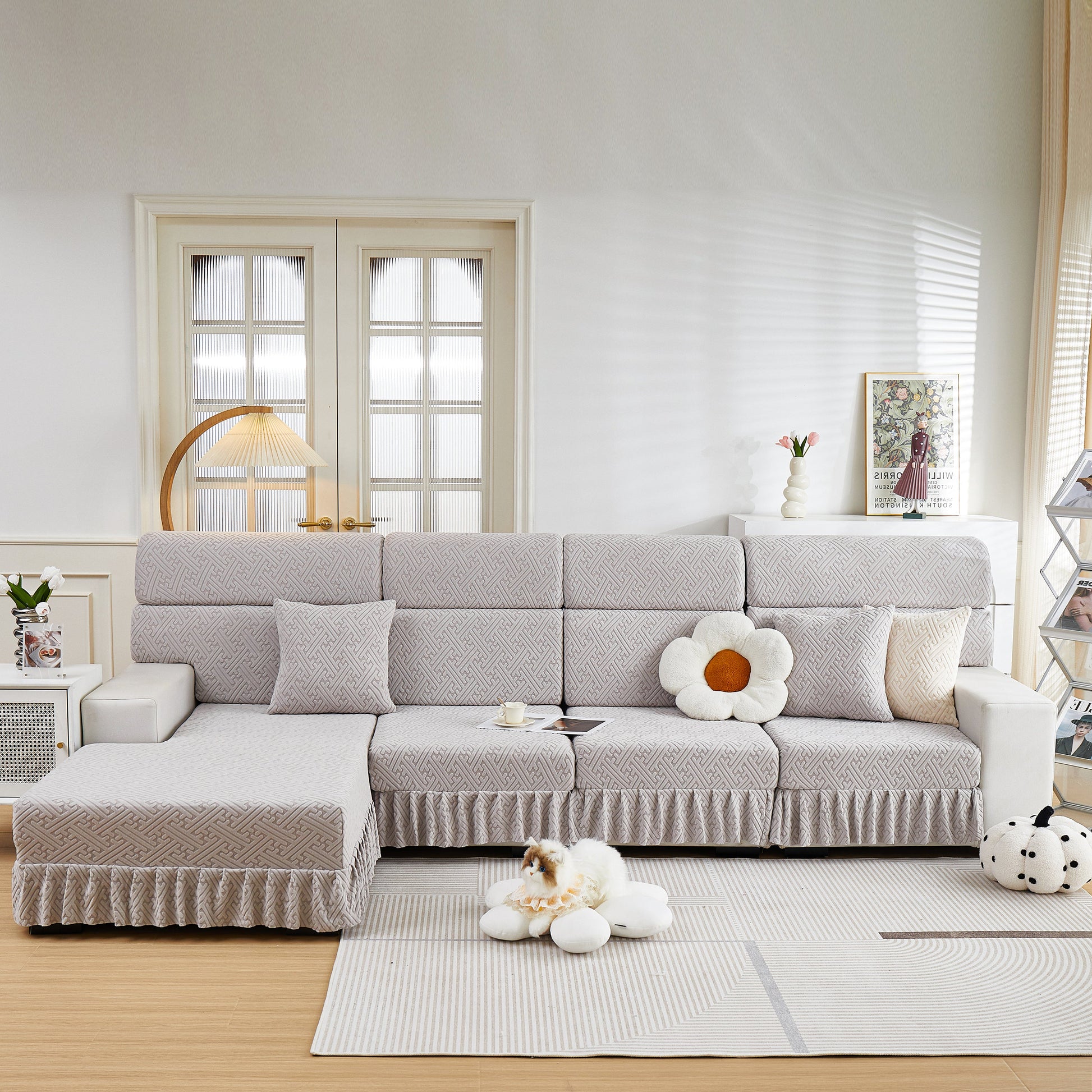 Stretch Sofa Covers with Skirt for Couch Seat and Cushion, Chaise, Sectional, 1/2/3/4 Seater Sofas in living room
