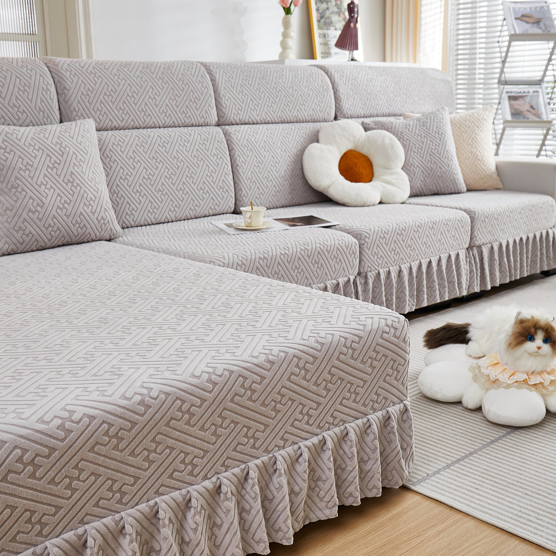 Stretch Sofa Covers with Skirt for Couch Seat and Cushion, Chaise, Sectional, 1/2/3/4 Seater Sofas in elegant living room setting