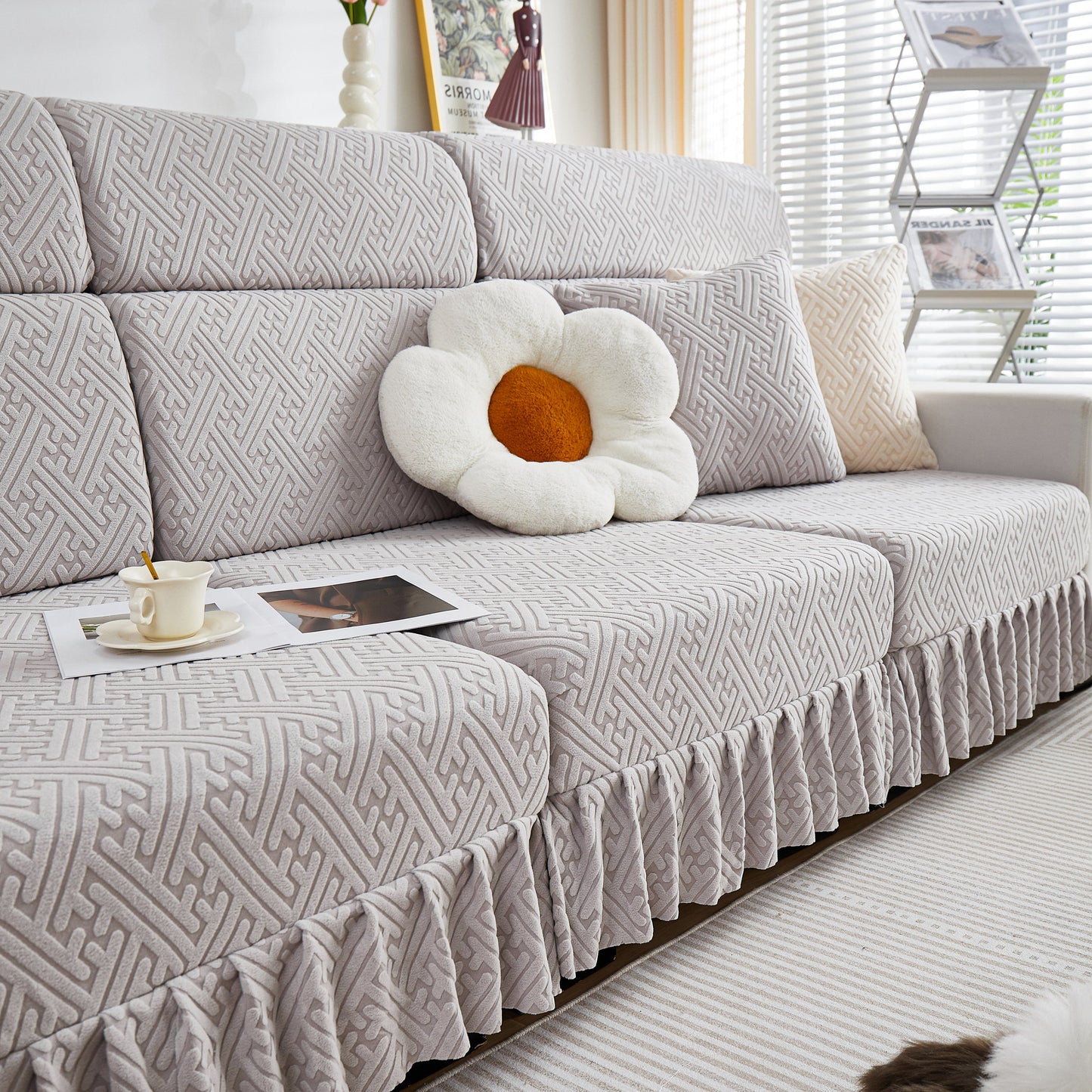 Stretch Sofa Covers with Skirt for Couch Seat and Cushion, Chaise, Sectional, 1/2/3/4 Seater Sofas displayed in living room
