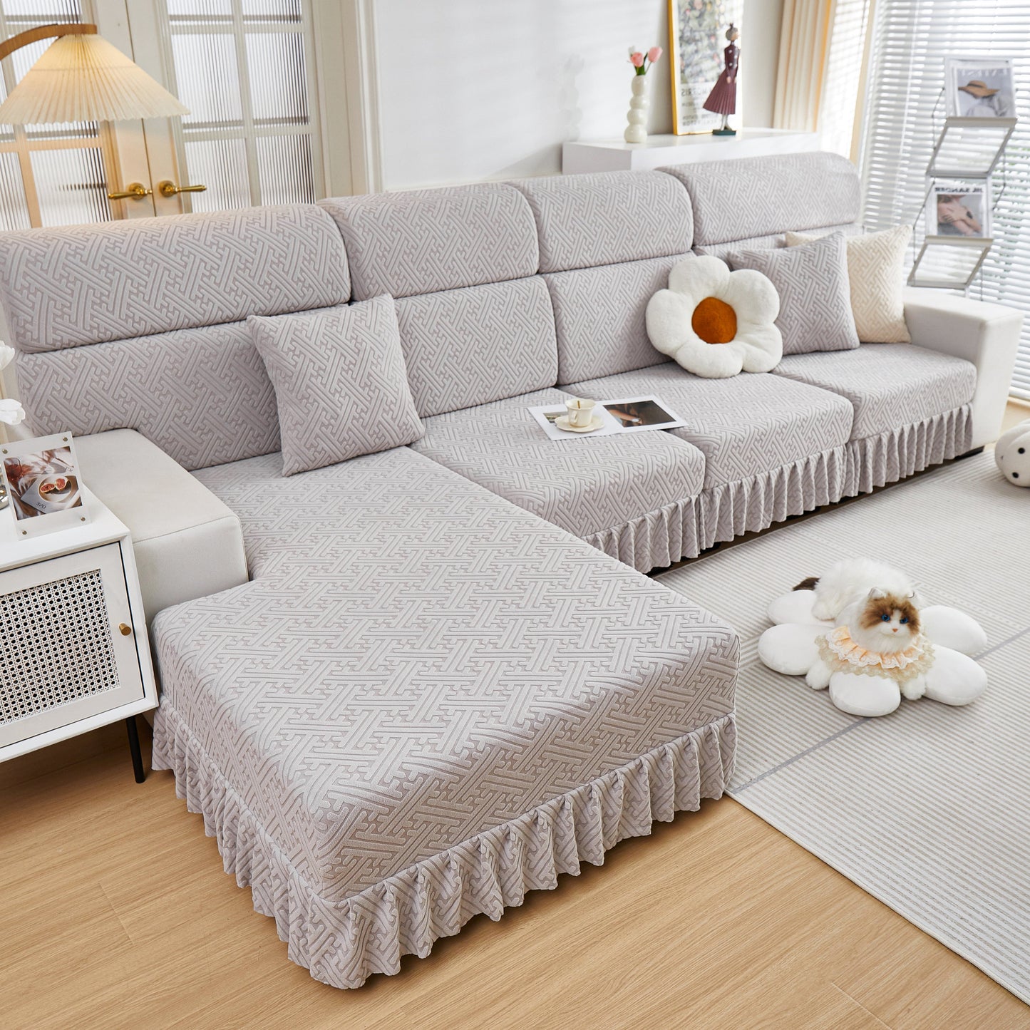 Stretch Sofa Covers with Skirt for Couch Seat and Cushion, Chaise, Sectional, 1/2/3/4 Seater Sofas showcasing living room style.