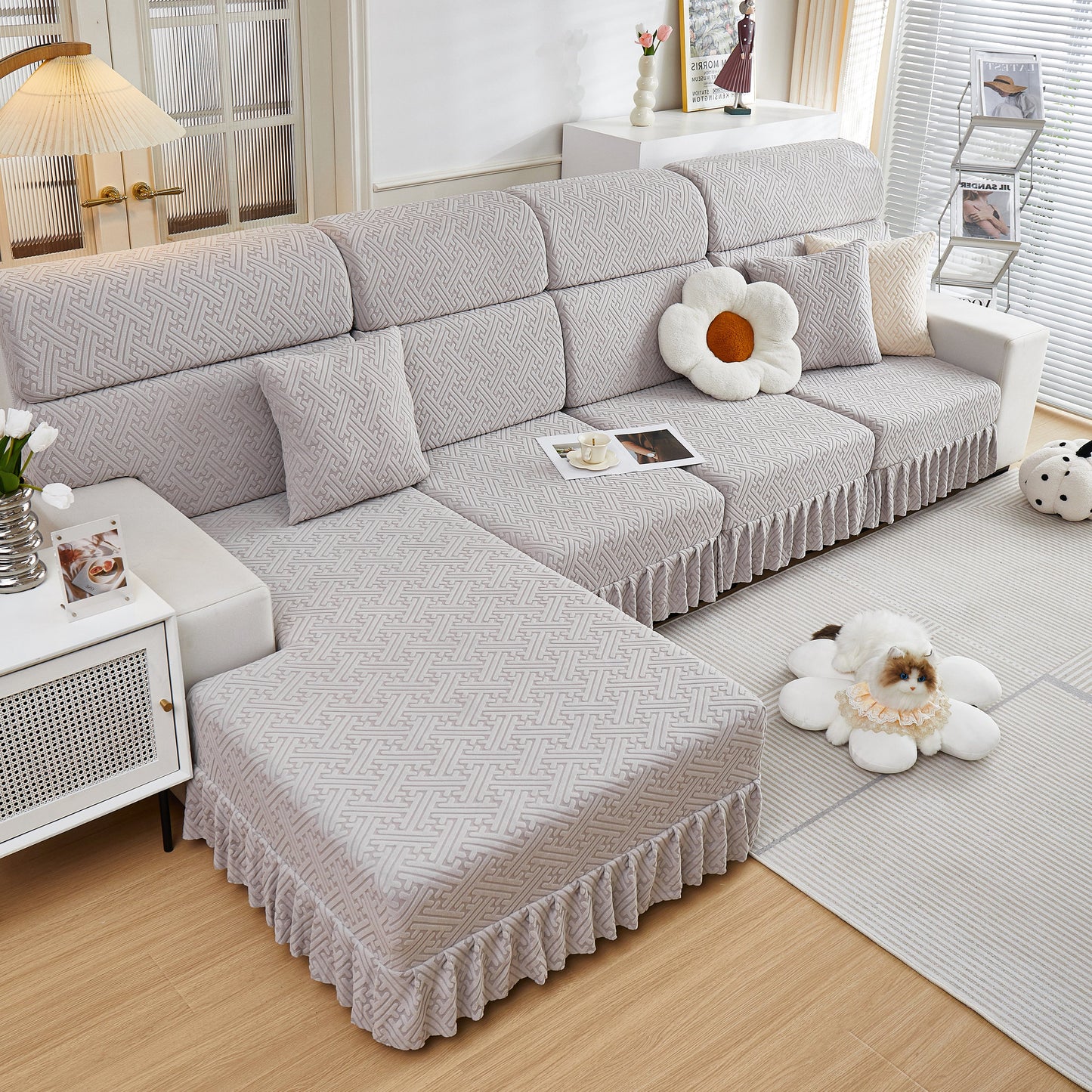Stretch Sofa Covers with Skirt for Couch Seat and Cushion, Chaise, Sectional, 1/2/3/4 Seater Sofas in a modern living room