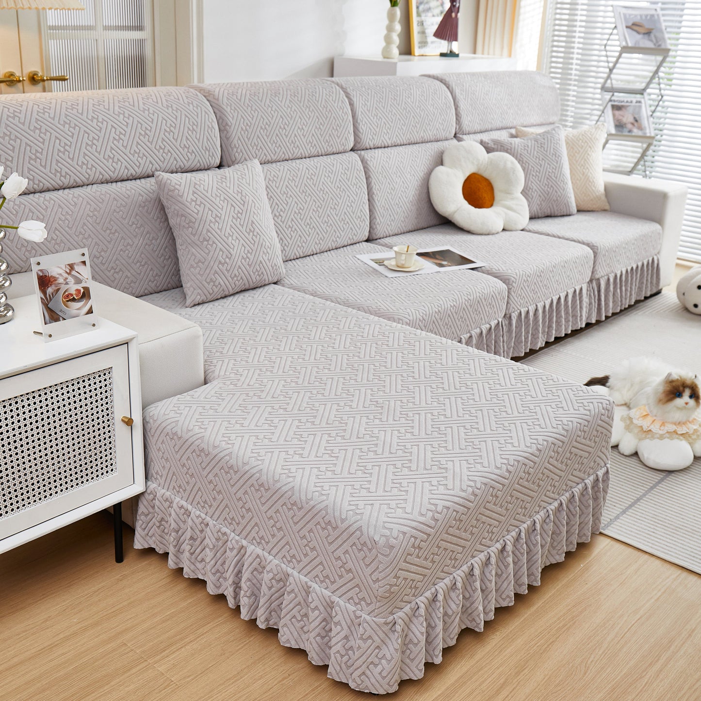 Stretch Sofa Covers with Skirt for Couch Seat and Cushion, Chaise, Sectional, 1/2/3/4 Seater Sofas in a modern living room.