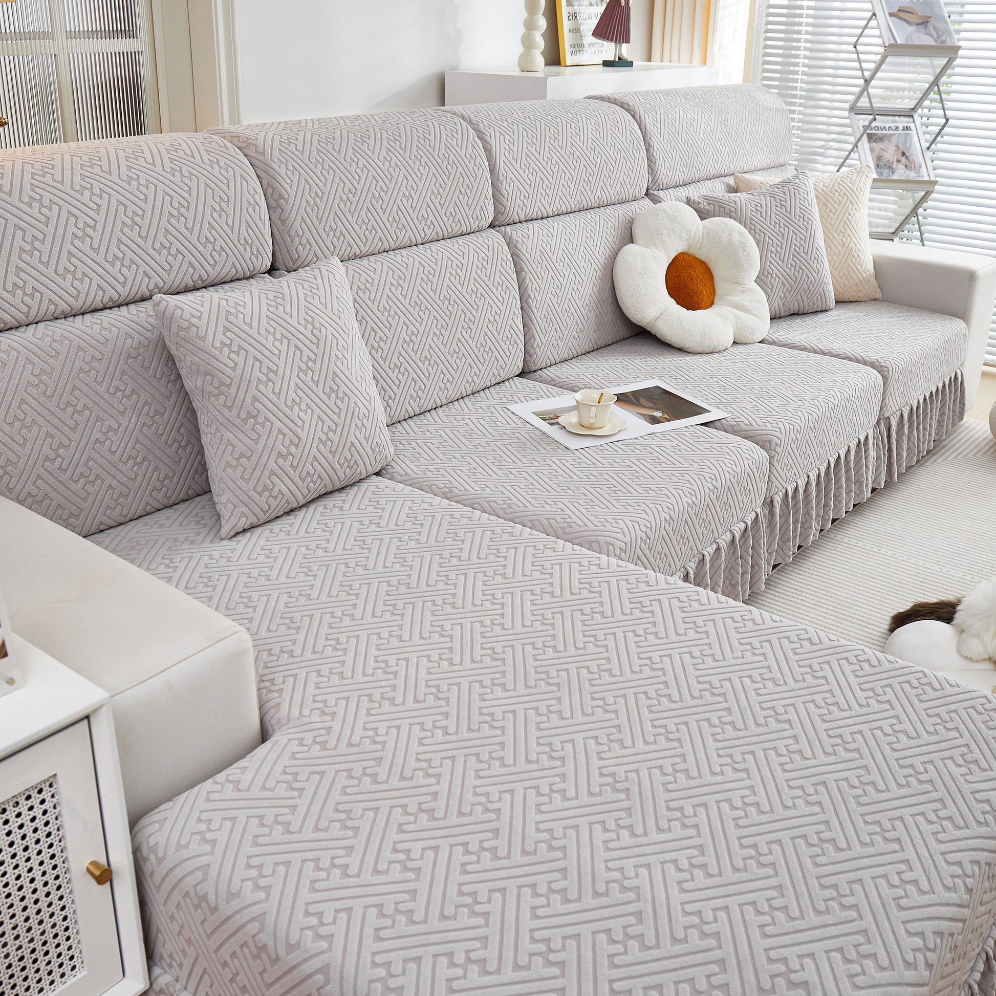 Stretch Sofa Covers with Skirt for Couch Seat and Cushion, Chaise, Sectional, 1/2/3/4 Seater Sofas in a stylish living room setting