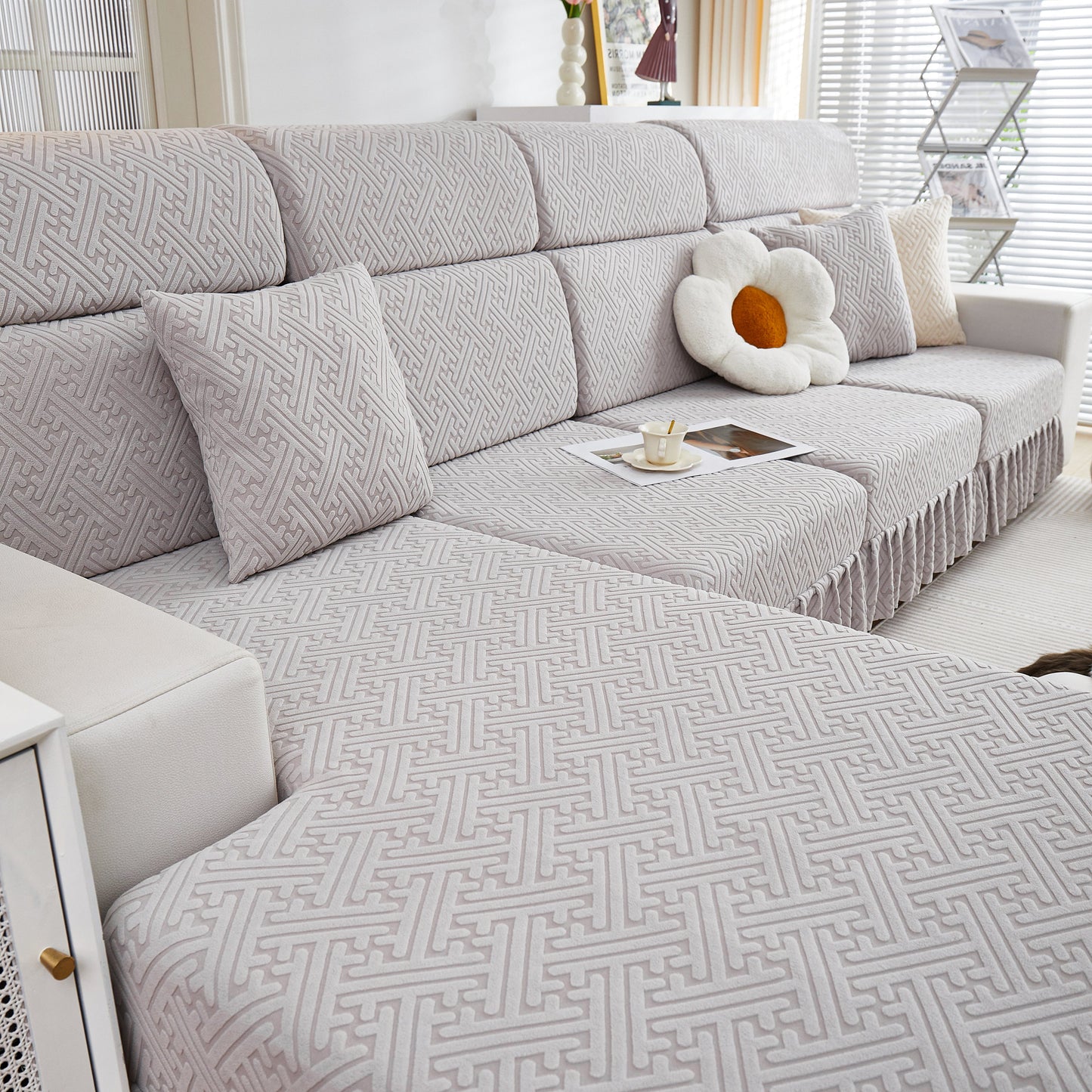 Stretch Sofa Covers with Skirt for Couch Seat and Cushion, Chaise, Sectional, 1/2/3/4 Seater Sofas in a modern living room setting