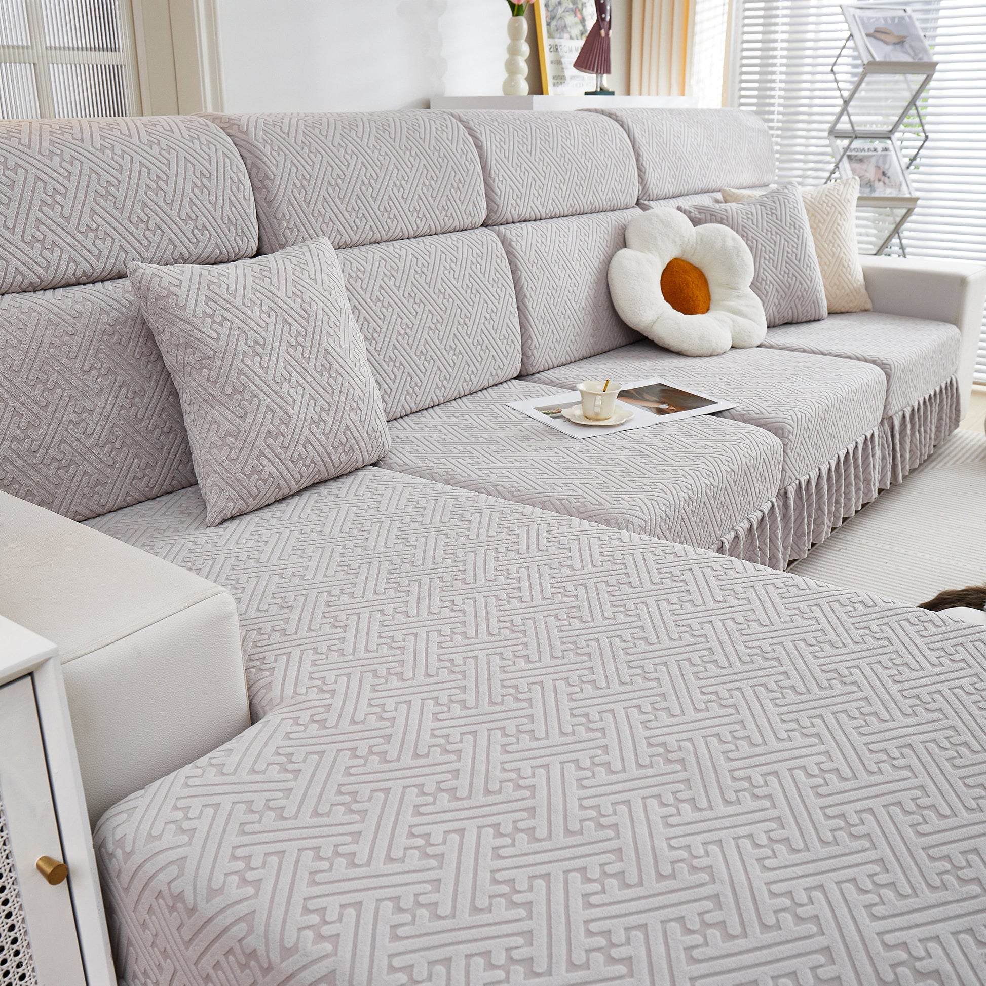Stretch Sofa Covers with Skirt for Couch Seat and Cushion, Chaise, Sectional, 1/2/3/4 Seater Sofas in a modern living room setting