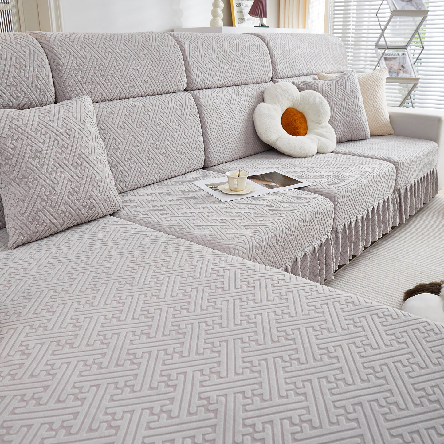 Stretch Sofa Covers with Skirt for Couch Seat and Cushion, Chaise, Sectional, 1/2/3/4 Seater Sofas, stylish living room upgrade.