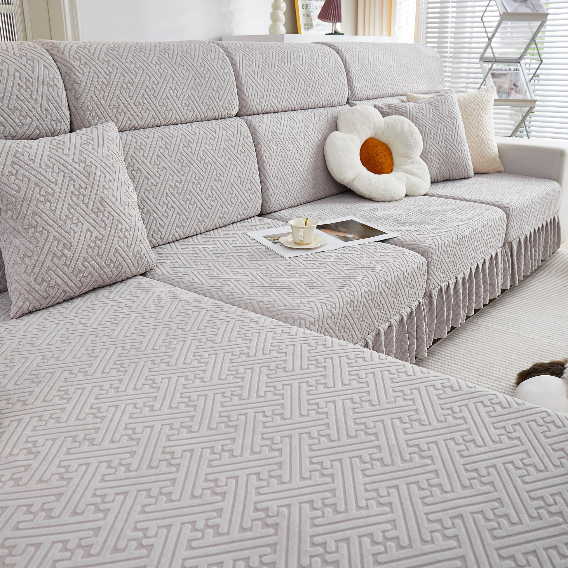 Stretch Sofa Covers with Skirt for Couch Seat and Cushion, Chaise, Sectional, 1/2/3/4 Seater Sofas, stylish living room upgrade.