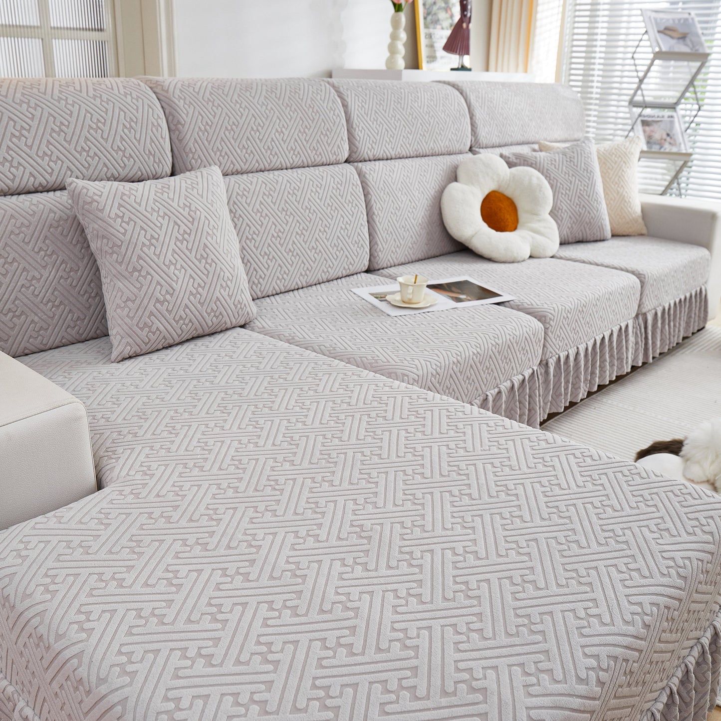 Stretch Sofa Covers with Skirt for Couch Seat and Cushion, Chaise, Sectional, 1/2/3/4 Seater Sofas displayed in living room.