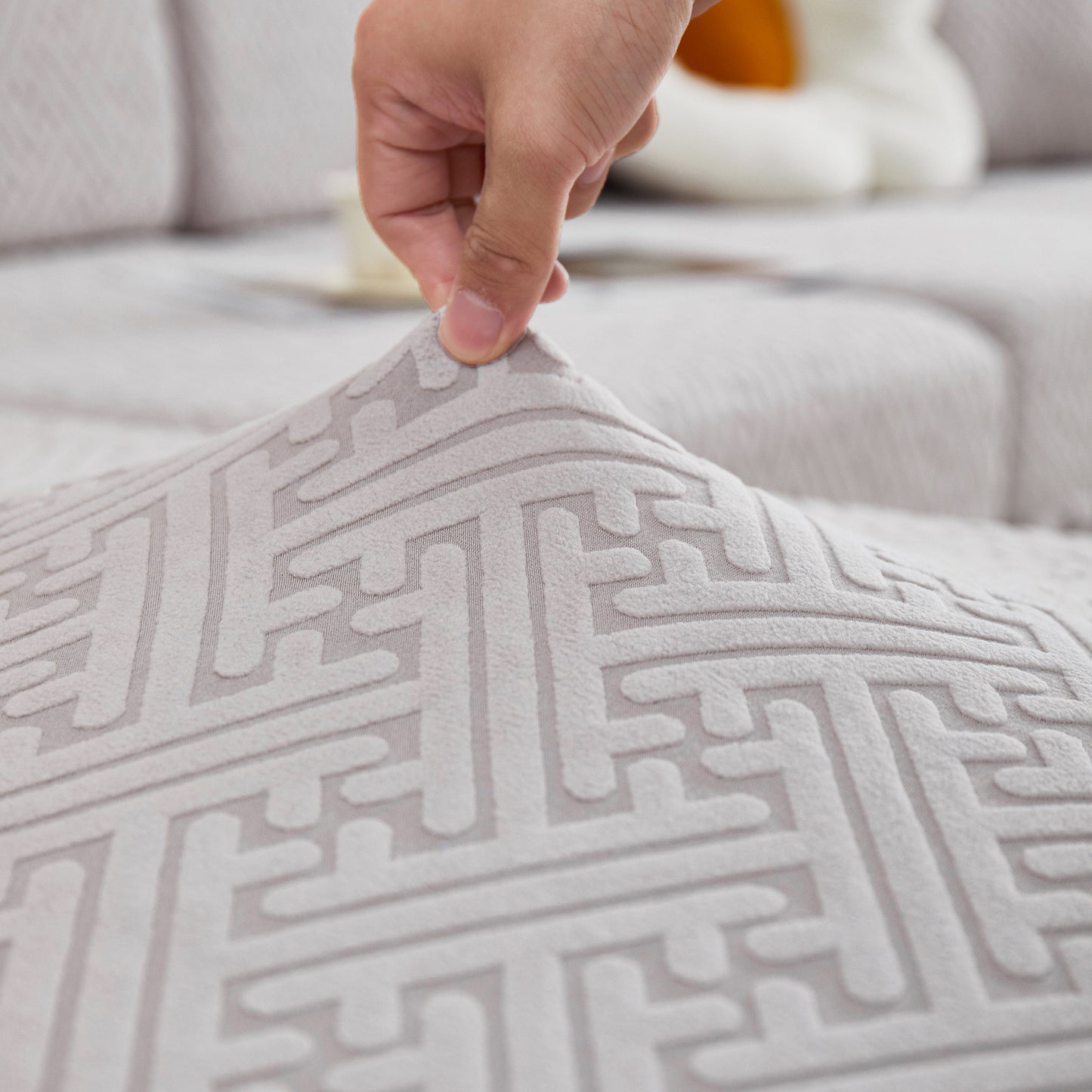 High-quality fabric detail of Stretch Sofa Covers with Skirt for Couch Seat and Cushion, Chaise, Sectional, 1/2/3/4 Seater Sofas.