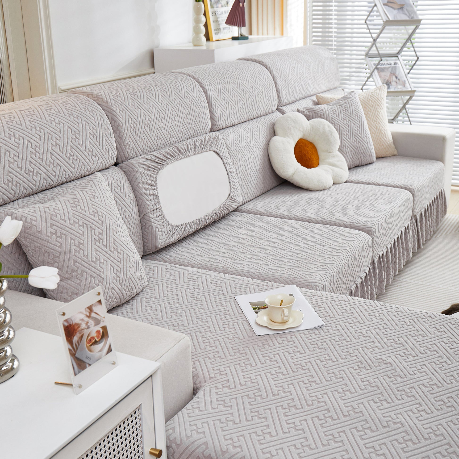 Stretch Sofa Covers with Skirt for Couch Seat and Cushion, Chaise, Sectional, 1/2/3/4 Seater Sofas in modern living room setting