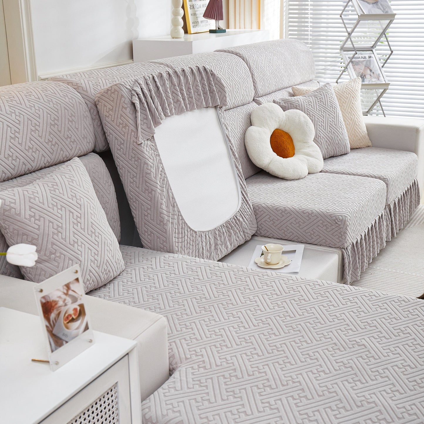 Stretch Sofa Covers with Skirt for Couch Seat and Cushion, Chaise, Sectional, 1/2/3/4 Seater Sofas, stylish protection for living room