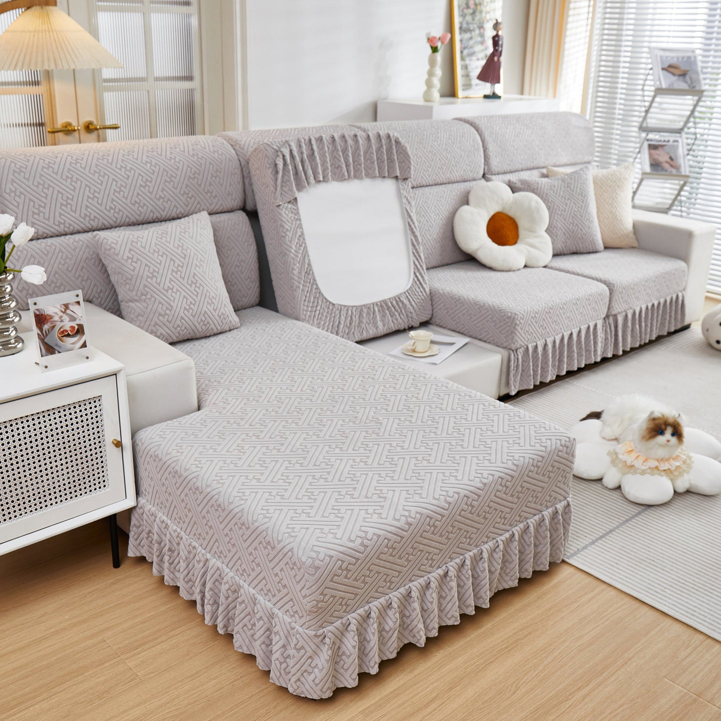 Stretch Sofa Covers with Skirt for Couch Seat and Cushion, Chaise, Sectional, 1/2/3/4 Seater Sofas in a living room setting