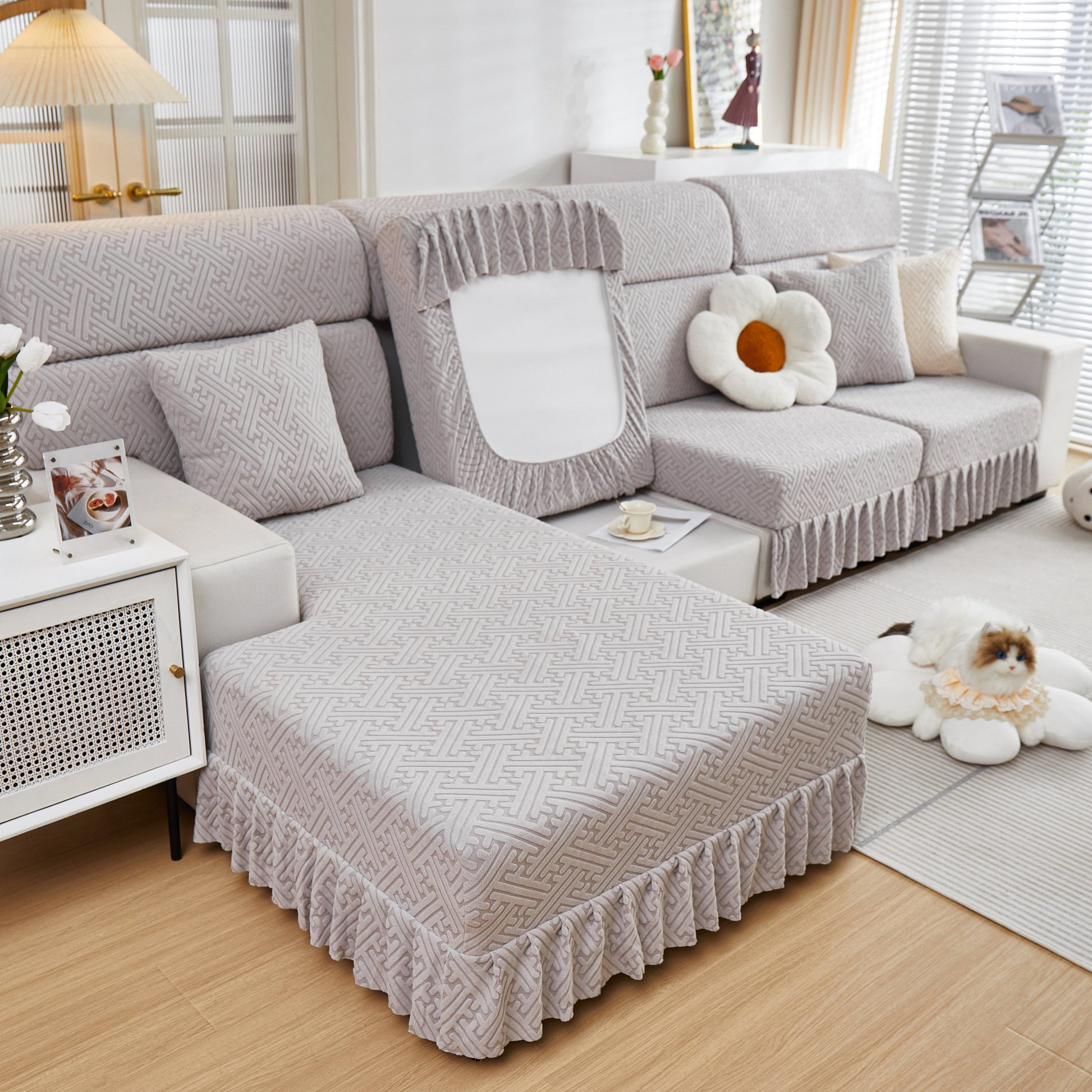 Stretch Sofa Covers with Skirt for Couch Seat and Cushion, Chaise, Sectional, 1/2/3/4 Seater Sofas in a living room setting