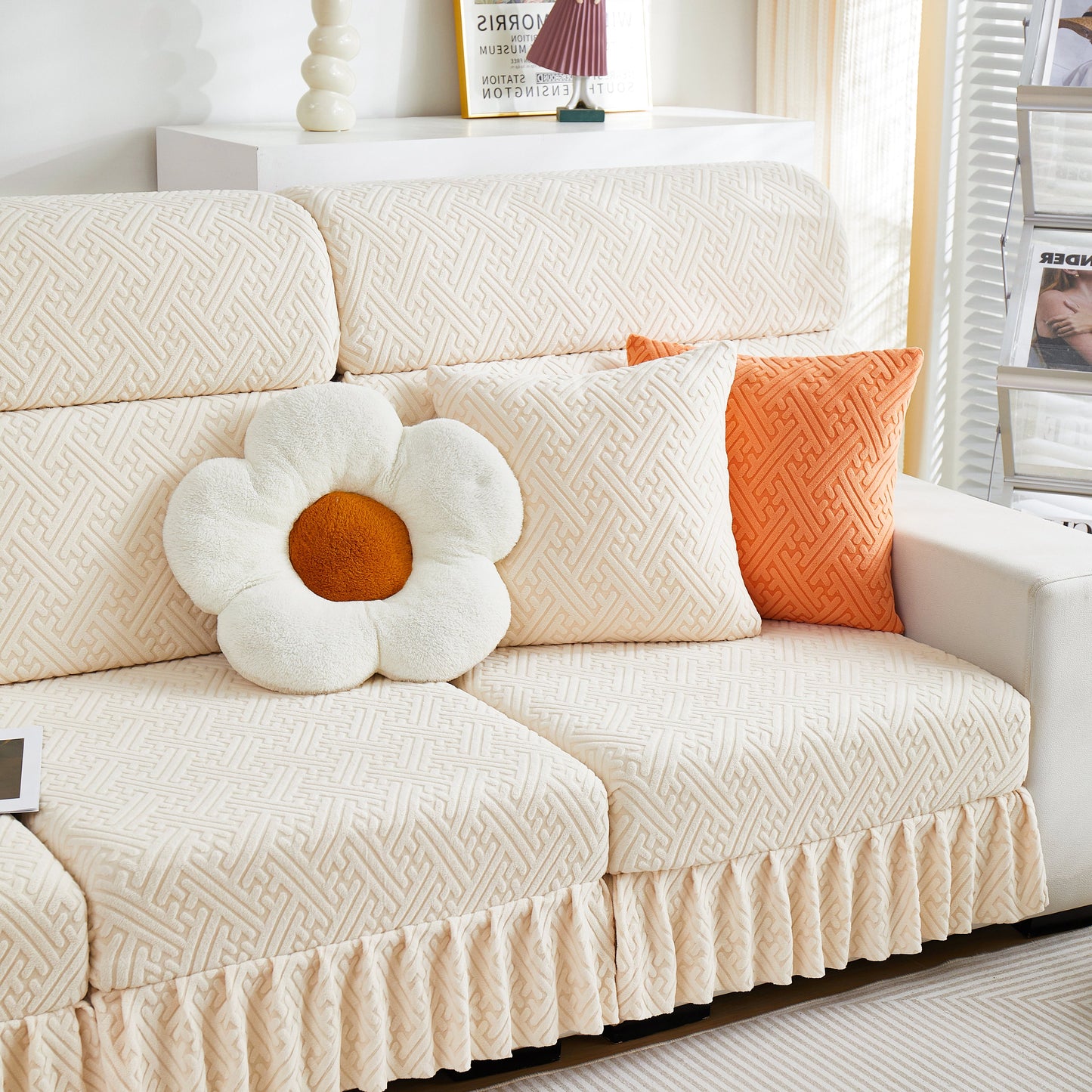 Stretch Sofa Covers with Skirt for Couch Seat and Cushion, Chaise, Sectional, 1/2/3/4 Seater Sofas, protects against spills and stains