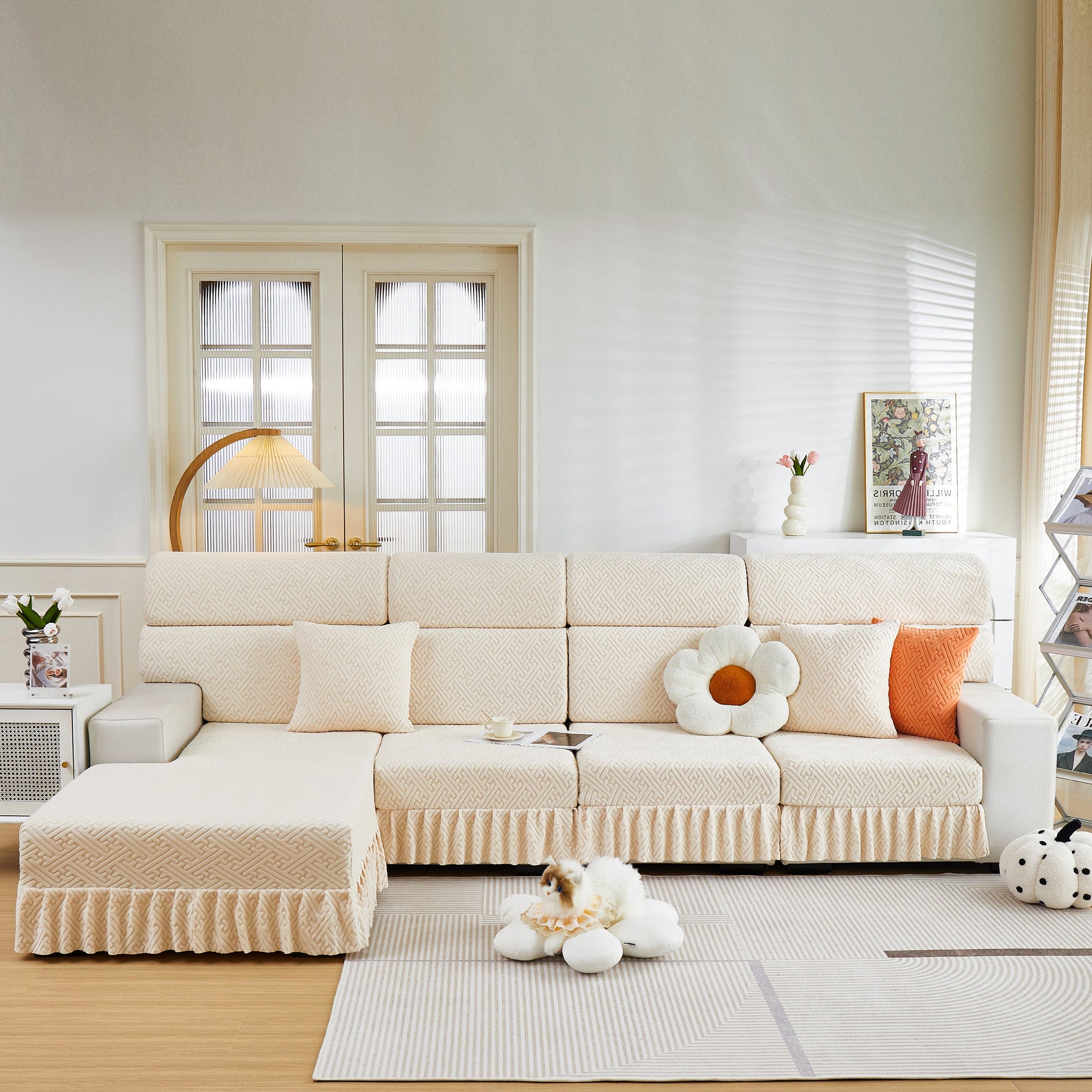 Beige living room featuring a sectional sofa with Stretch Sofa Covers with Skirt for Couch Seat and Cushion, Chaise, Sectional, 1/2/3/4 Seater Sofas.