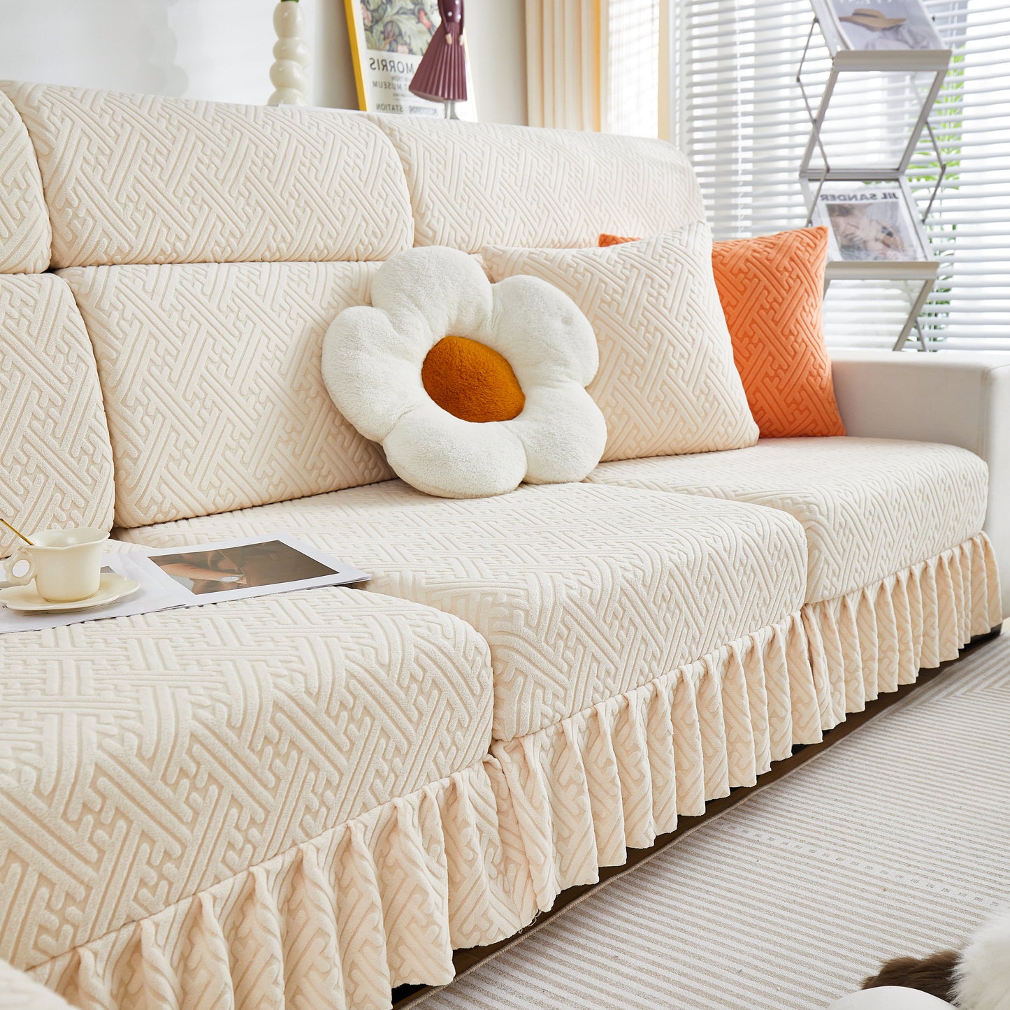 Stretch Sofa Covers with Skirt for Couch Seat and Cushion, Chaise, Sectional, 1/2/3/4 Seater Sofas in living room setting