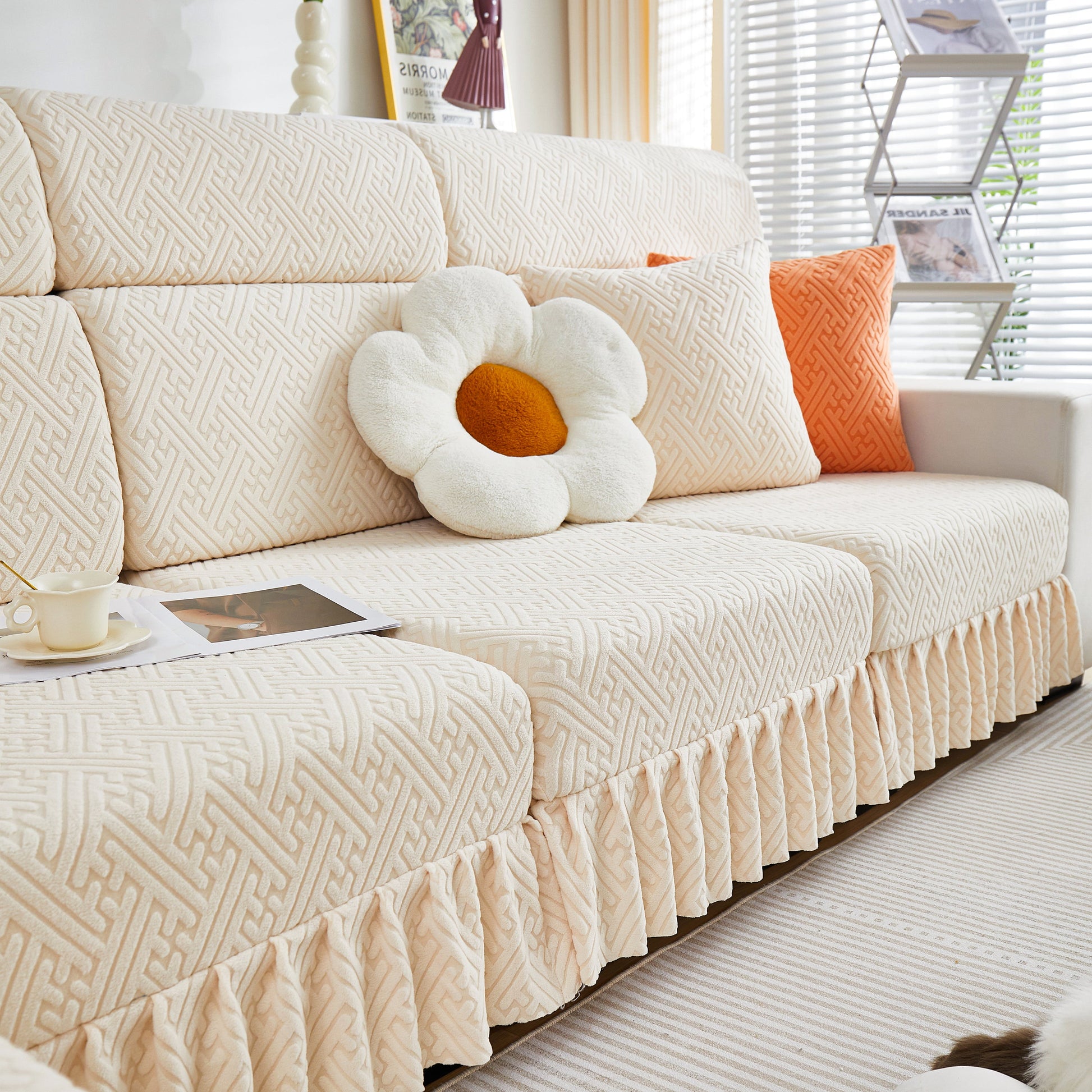 Stretch Sofa Covers with Skirt for Couch Seat and Cushion, Chaise, Sectional, 1/2/3/4 Seater Sofas in living room setting