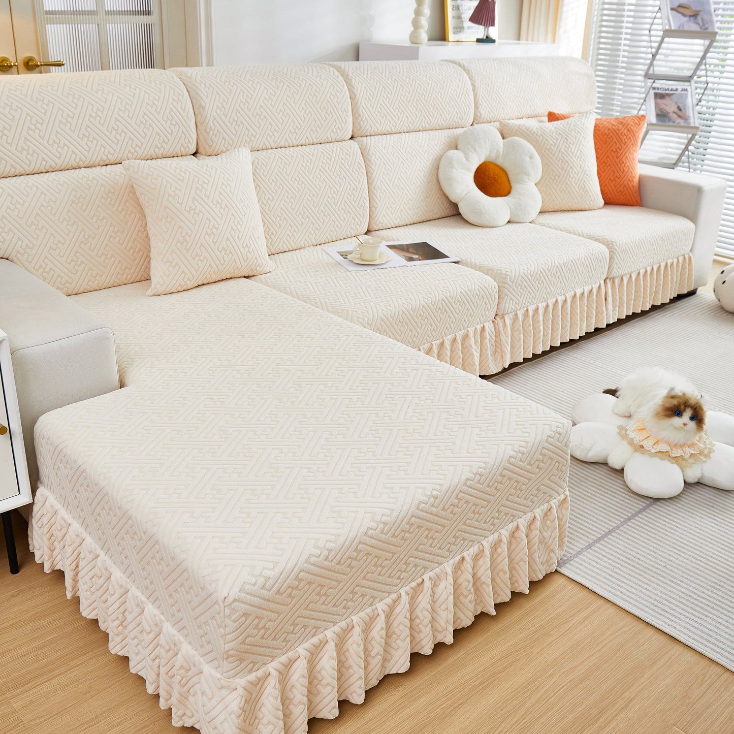 Stretch Sofa Covers with Skirt for Couch Seat and Cushion, Chaise, Sectional, 1/2/3/4 Seater Sofas in a living room setting