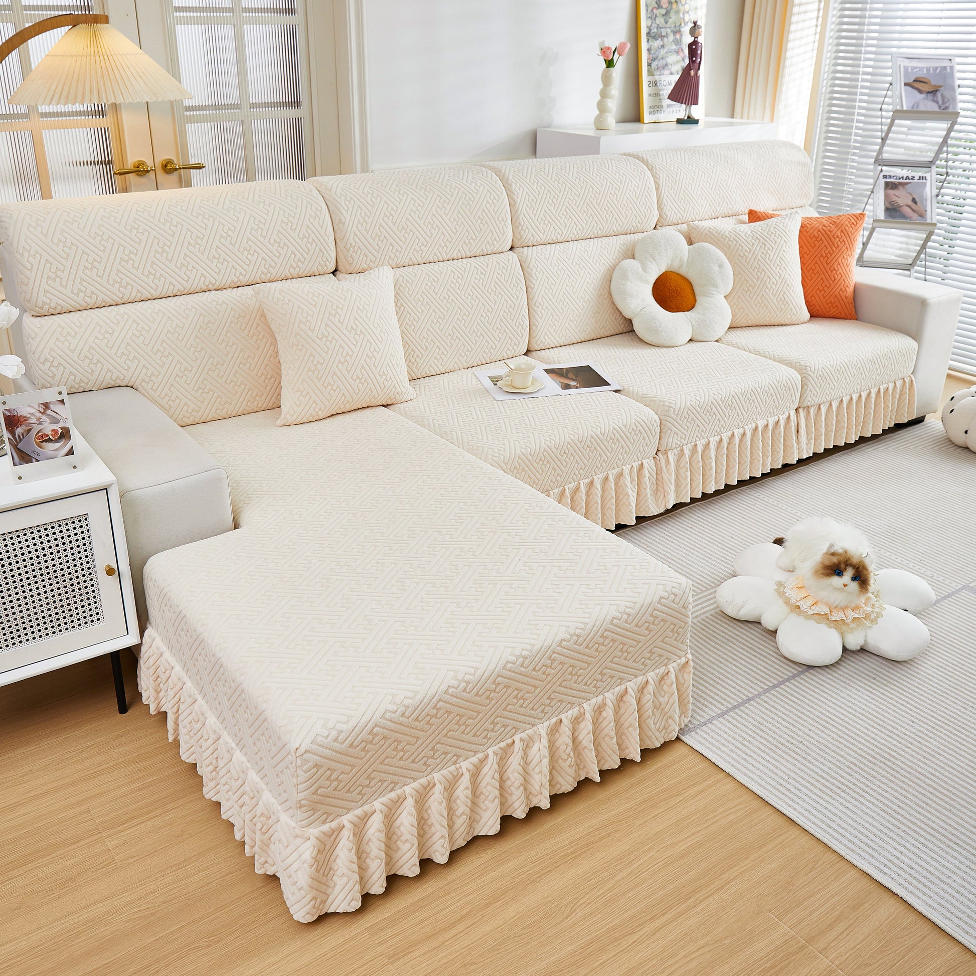 Living room with Stretch Sofa Covers with Skirt for Couch Seat and Cushion, Chaise, Sectional, 1/2/3/4 Seater Sofas