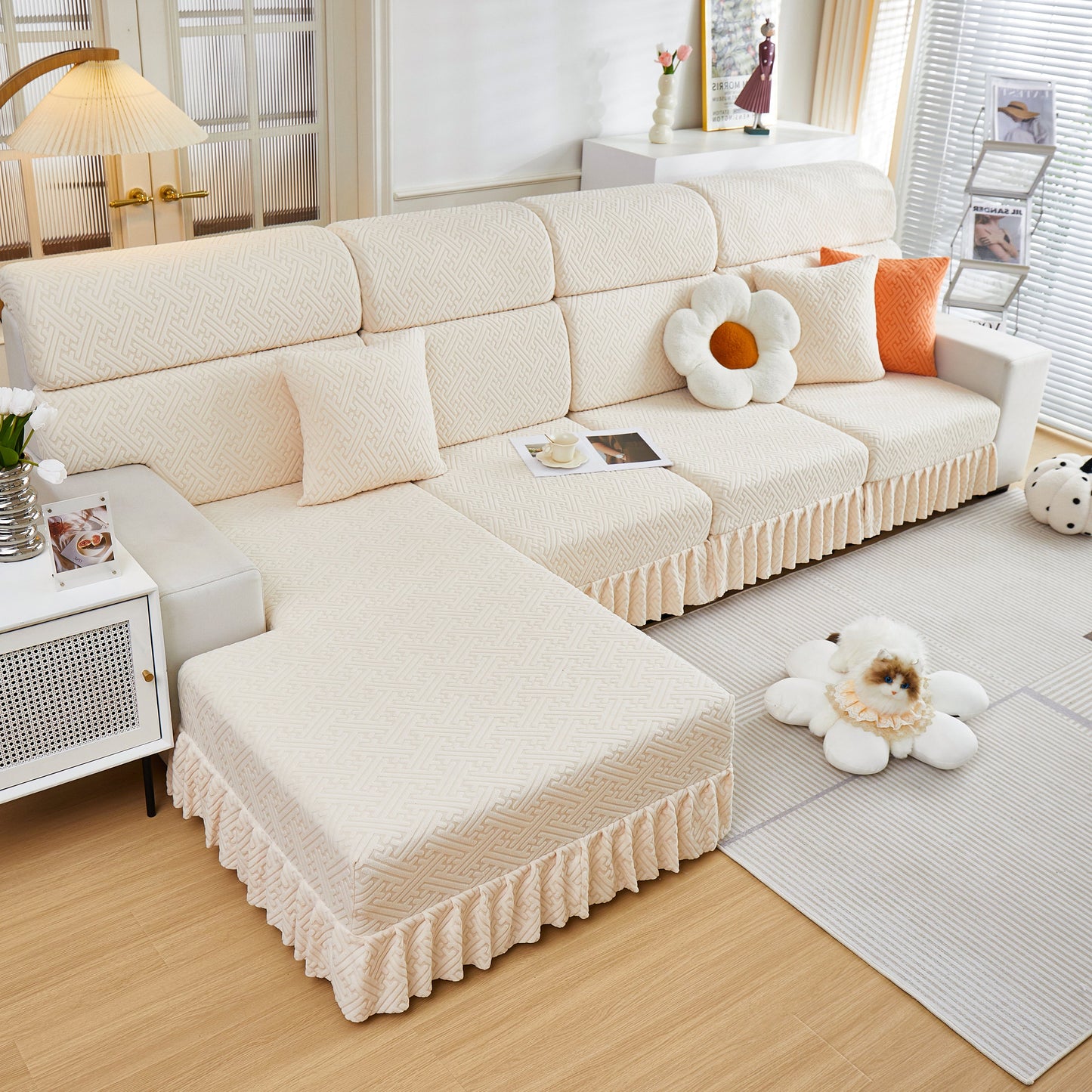 Stretch Sofa Covers with Skirt for Couch Seat and Cushion, Chaise, Sectional, 1/2/3/4 Seater Sofas in a living room setting.