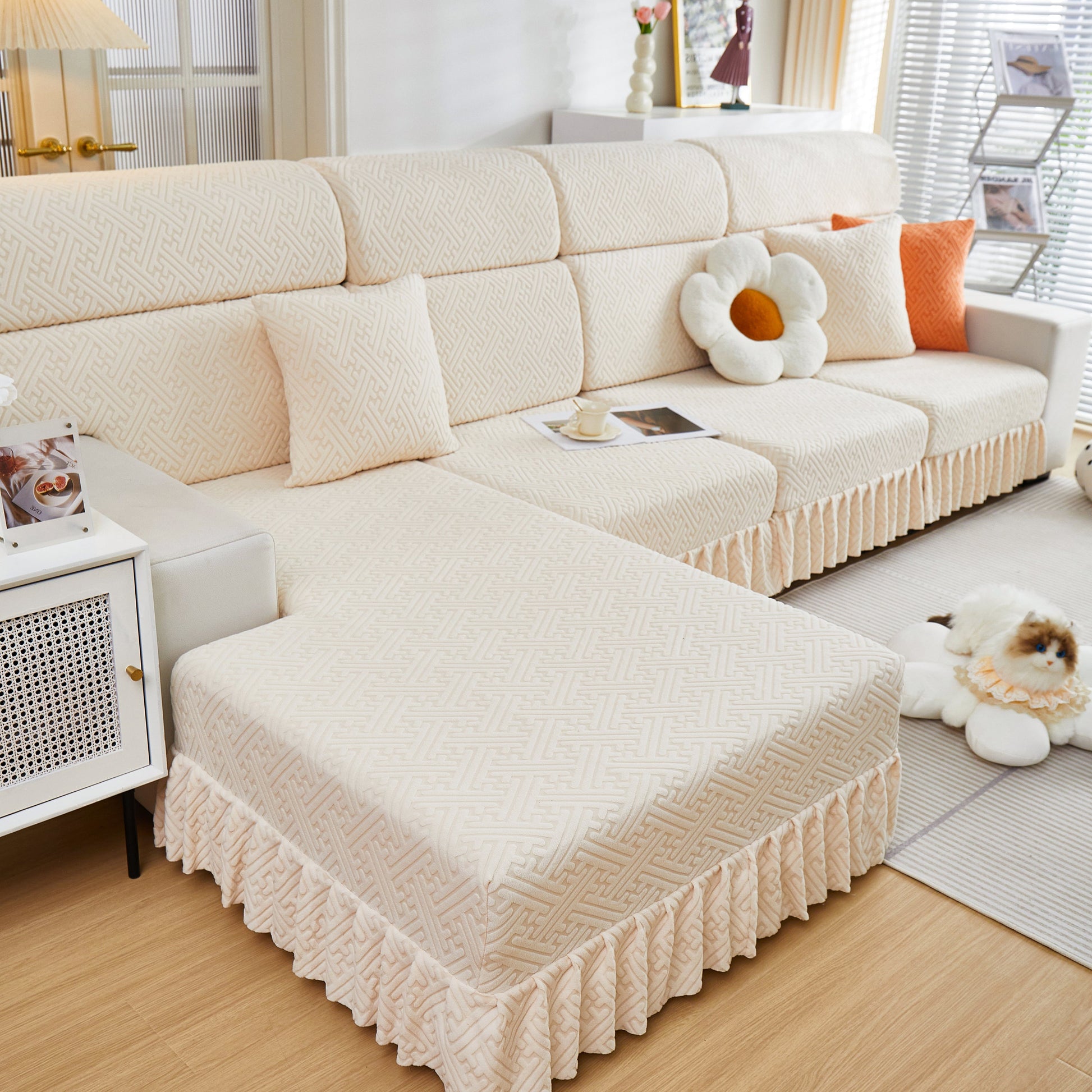 Stretch Sofa Covers with Skirt for Couch Seat and Cushion, Chaise, Sectional, 1/2/3/4 Seater Sofas in a modern living room