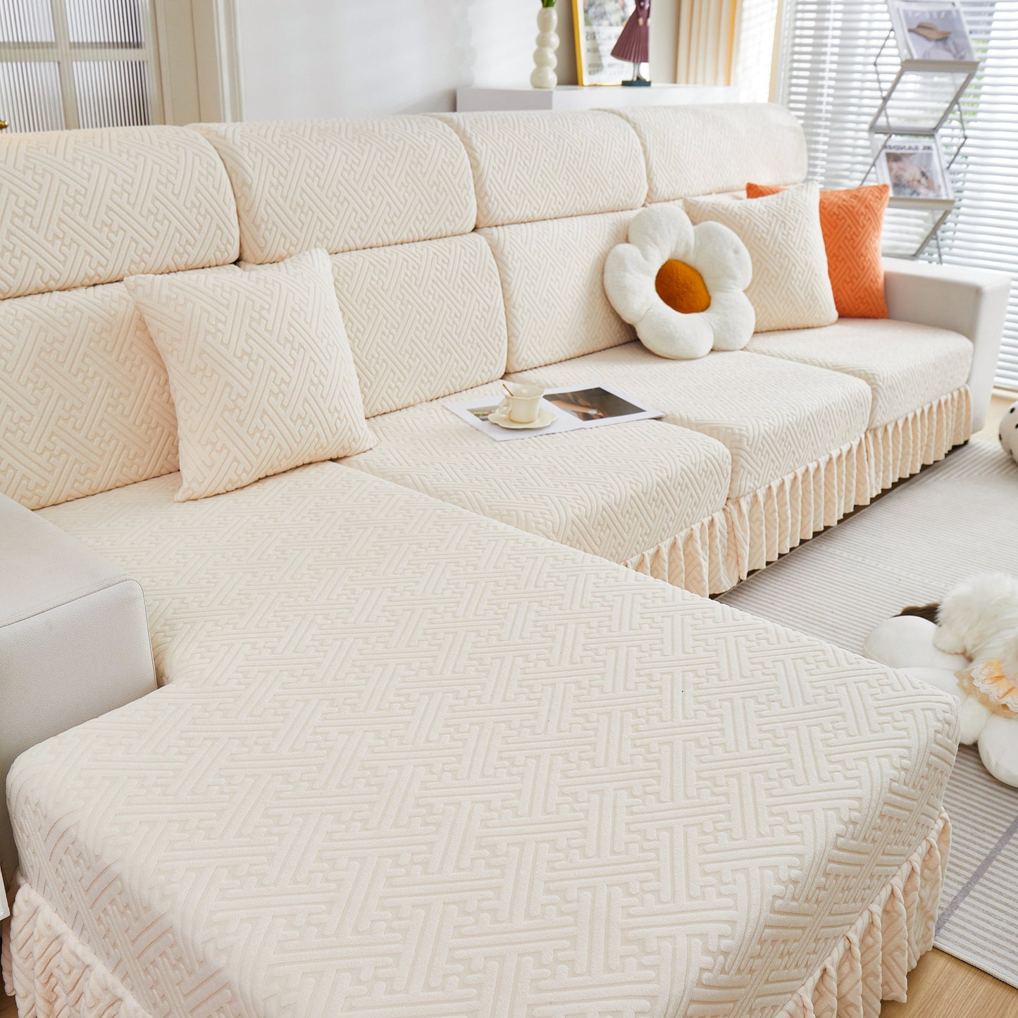 Living room with couches featuring Stretch Sofa Covers with Skirt for Couch Seat and Cushion, Chaise, Sectional, 1/2/3/4 Seater Sofas