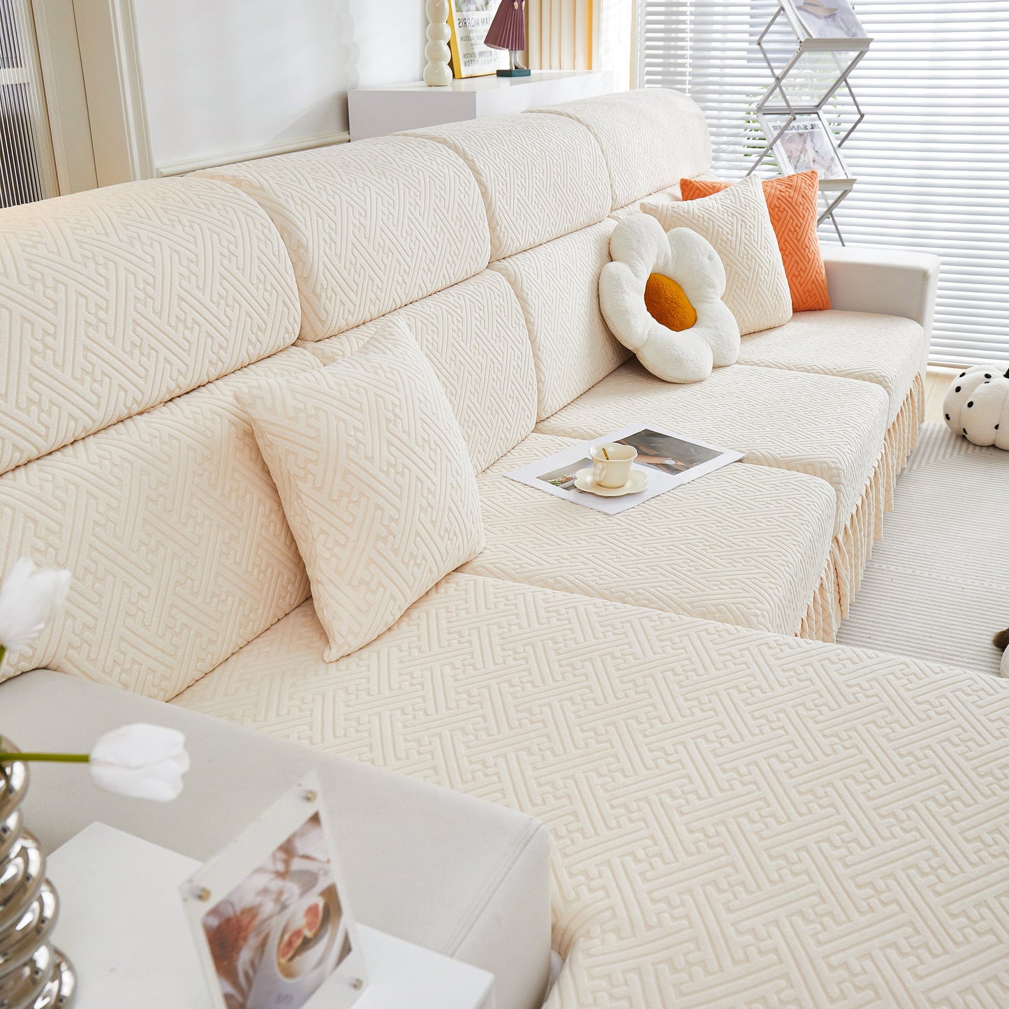 Living room with beige Stretch Sofa Covers with Skirt for Couch Seat and Cushion, Chaise, Sectional, 1/2/3/4 Seater Sofas.