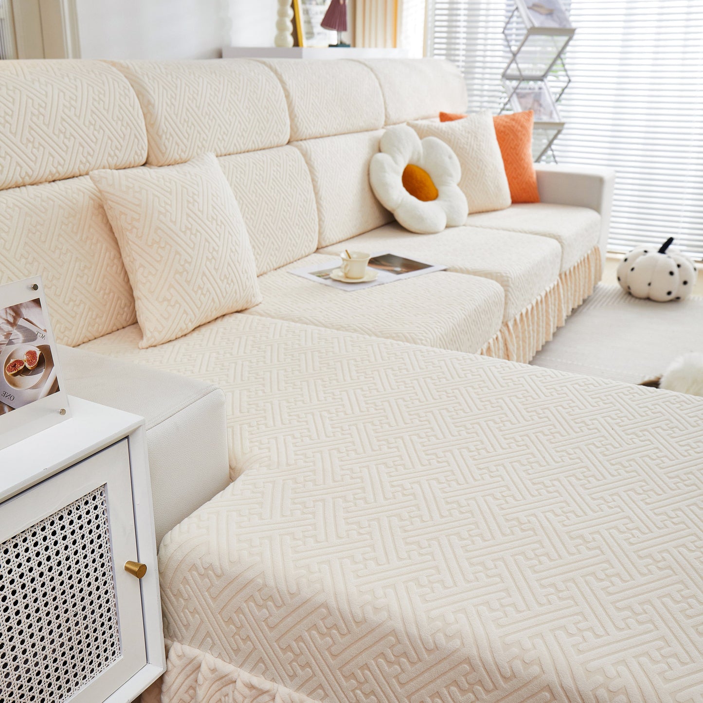 Living room with beige Stretch Sofa Covers with Skirt for Couch Seat and Cushion, Chaise, Sectional, 1/2/3/4 Seater Sofas.