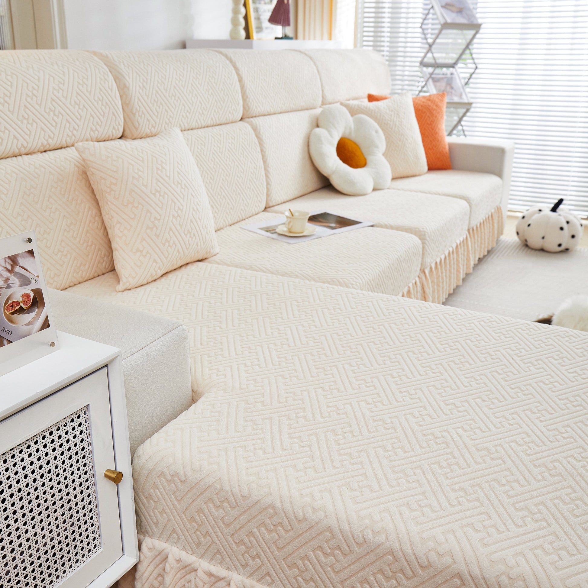 Living room with beige Stretch Sofa Covers with Skirt for Couch Seat and Cushion, Chaise, Sectional, 1/2/3/4 Seater Sofas.