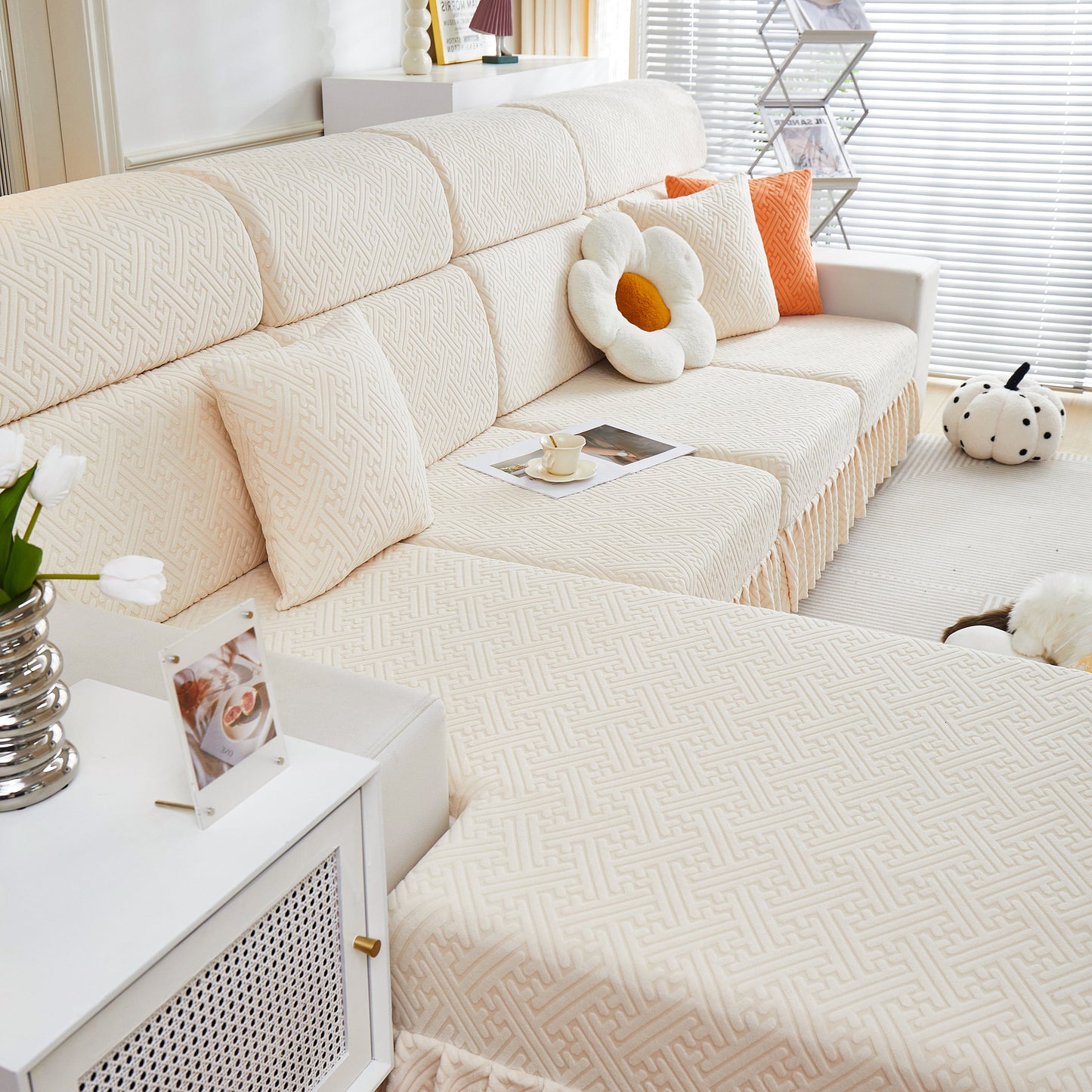 Stretch Sofa Covers with Skirt for Couch Seat and Cushion, Chaise, Sectional, 1/2/3/4 Seater Sofas in a modern living room setting